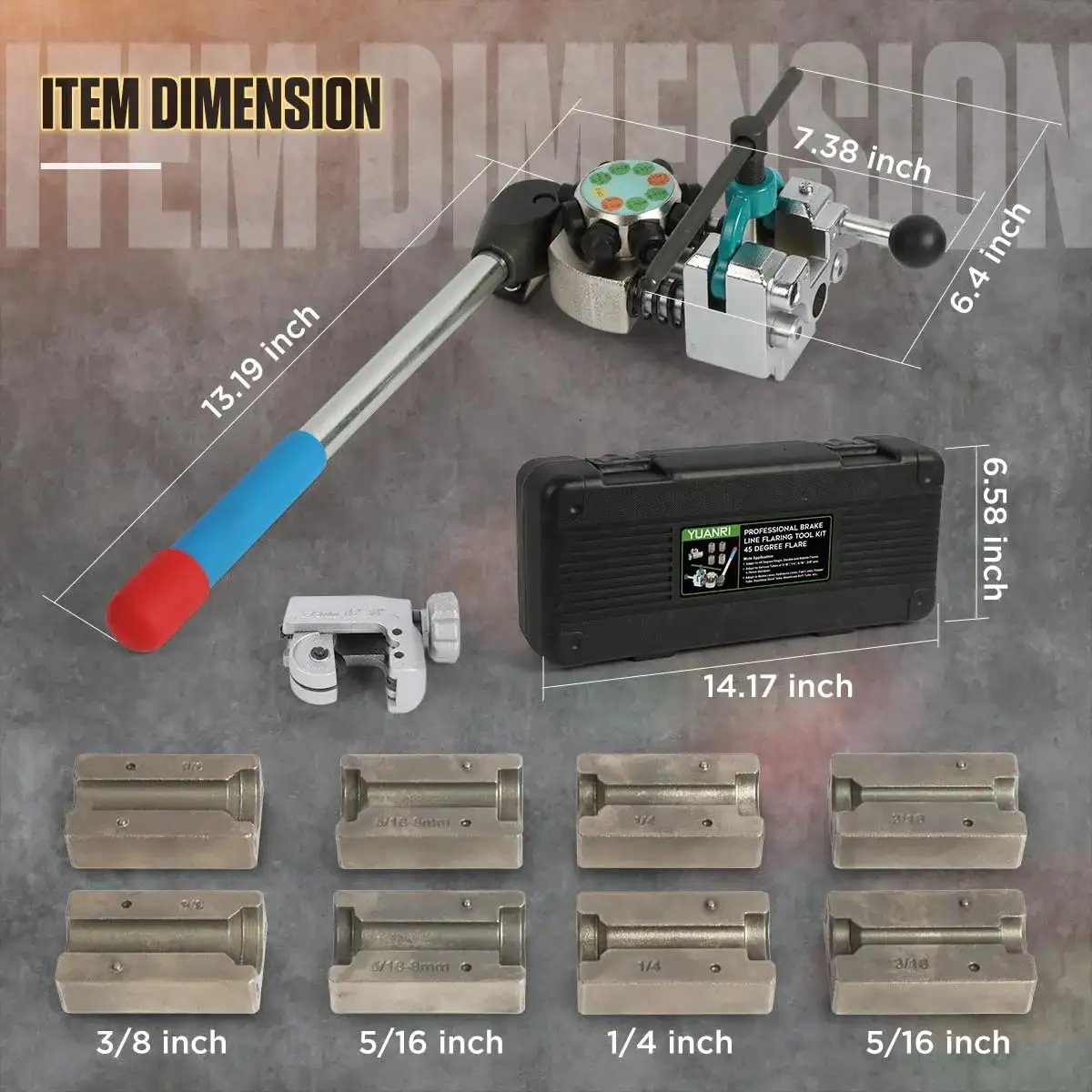 Brake Flare Tool Kit 45 Degree Single Bubble And Double Flare For 3/16 To 3/8 with various die sizes and dimensions shown.