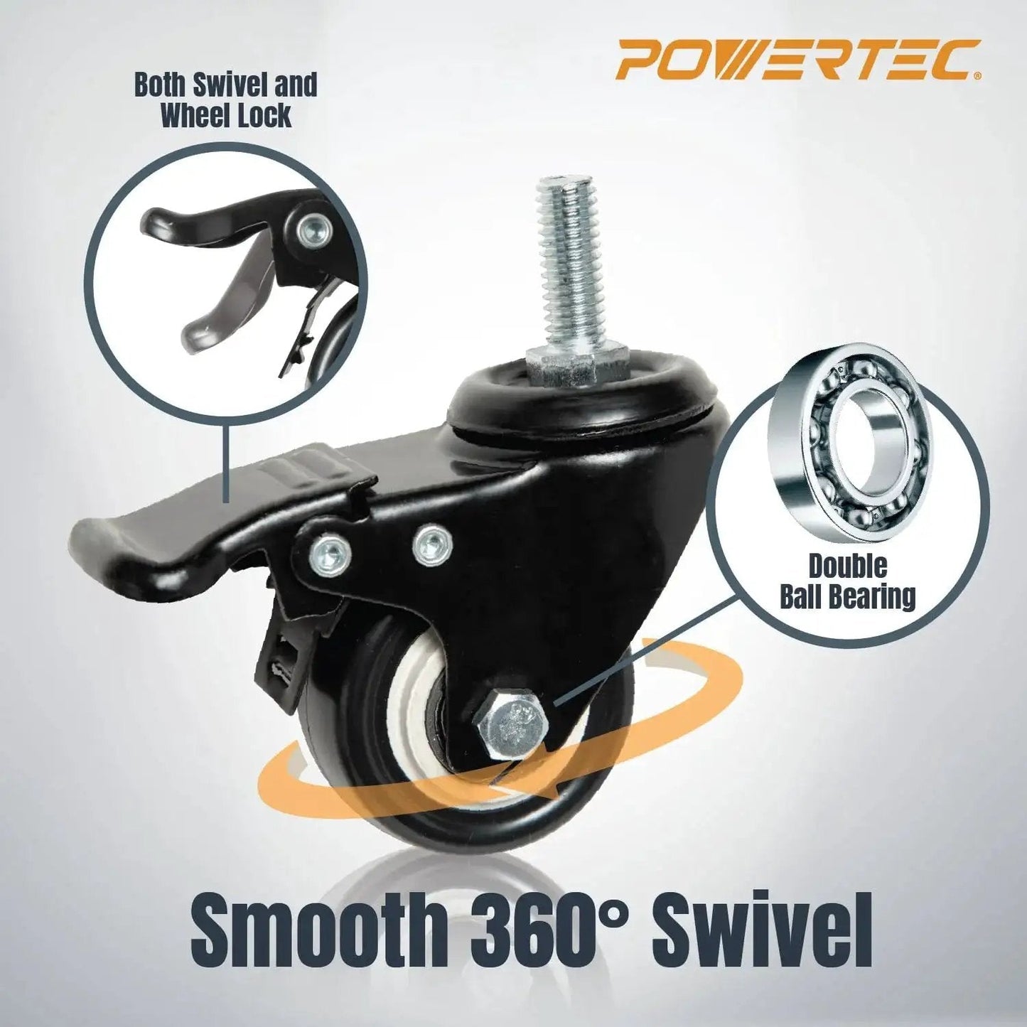 Two Inch Caster Wheels Set Of Four With 360 Degree Swivel And Dual Locking Brakes, close-up of single wheel with locking mechanism