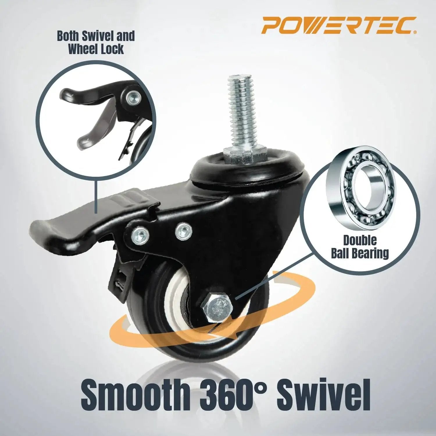 Two Inch Caster Wheels Set Of Four With 360 Degree Swivel And Dual Locking Brakes, close-up of single wheel with locking mechanism