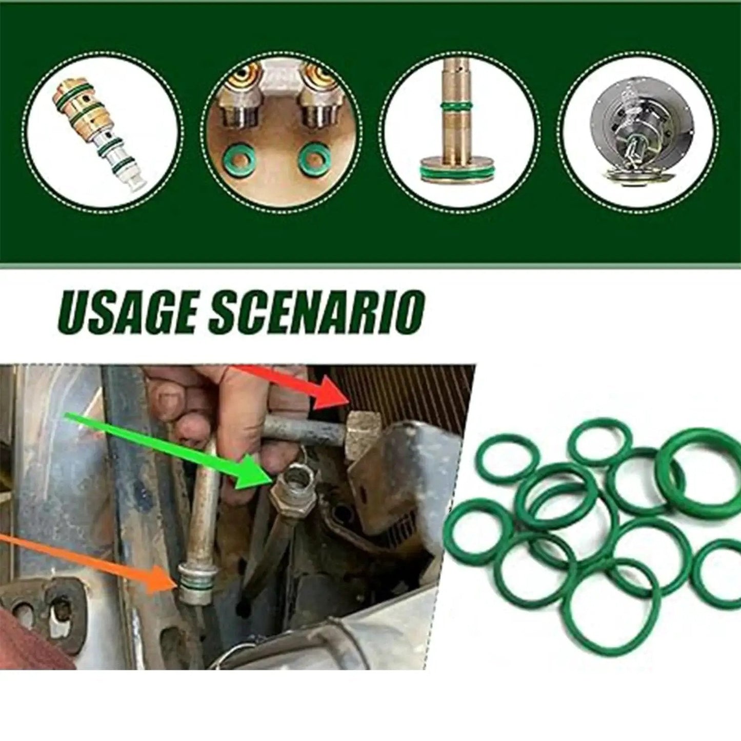 270 Piece Rubber O Ring Assortment Kit With Storage Box For Plumbing And Mechanical Repair Includes Mixed Sizes For Pipe Seals Faucets Pumps And Automotive Connections Built From Durable Rubber For Long Lasting Sealing Great For DIY Home Repairs image showing usage scenario with green O-rings and metal pipes