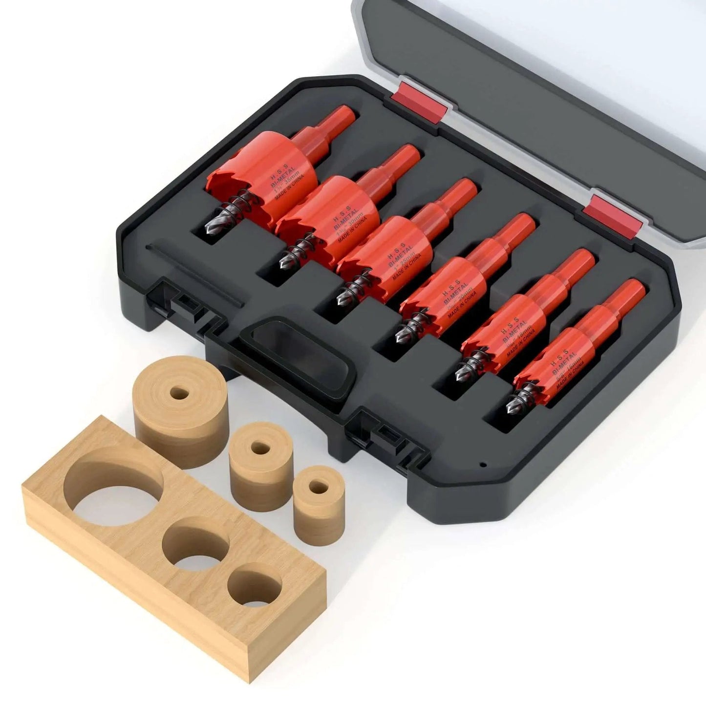 Bi-Metal Hole Saw Kit 6-Piece Set For Wood Plastic Drywall And Soft Metal With Sizes 5/8 To 1-3/8 Inches, 3/8 Inch Shank displayed in case