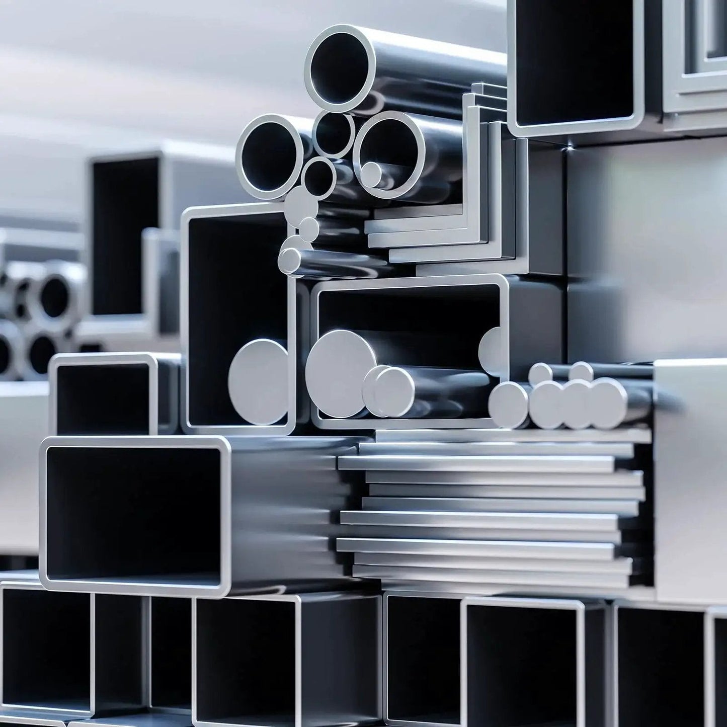 Various arranged metal bars and tubes, emphasizing premium 304 stainless steel flat bar for kitchen upgrades and DIY crafts.
