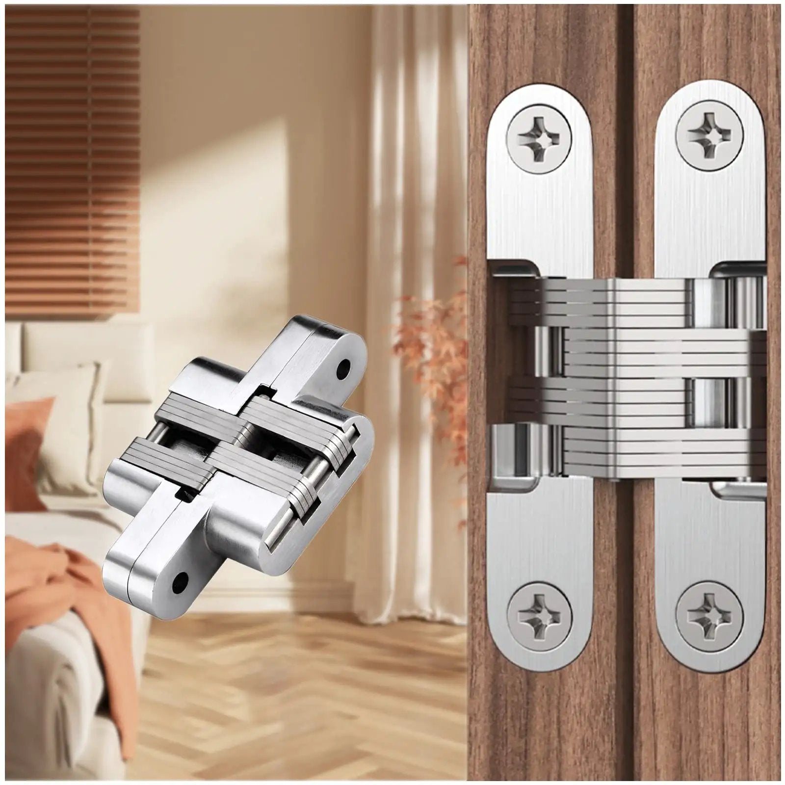 Hidden Door Hinge 0 to 180 Degree Opening Zinc Alloy Door Hardware Silver Small Size installed on wooden door