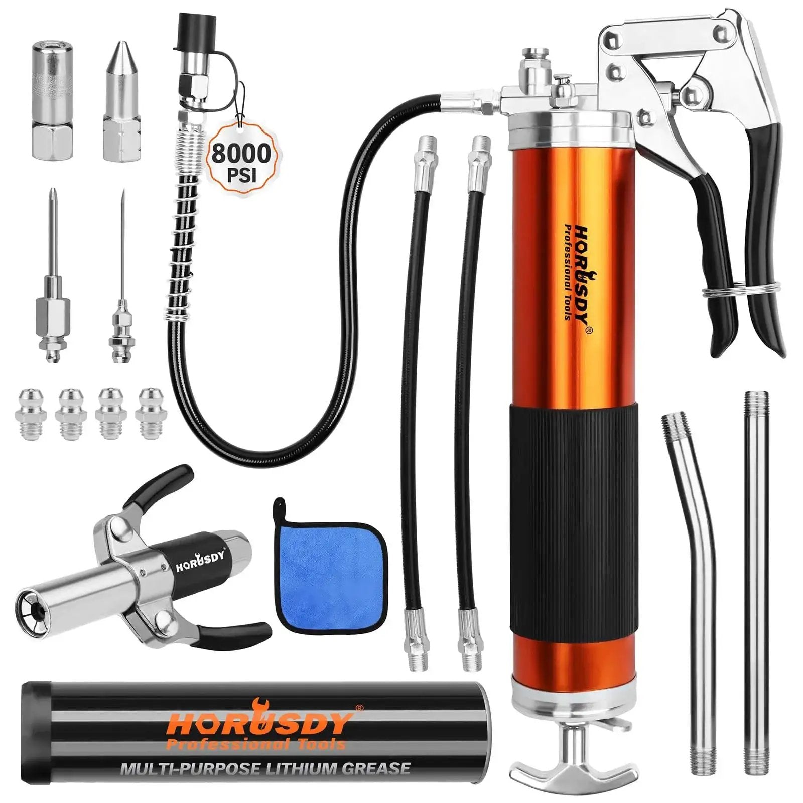 Beefed Up 8000 PSI Grease Gun Kit with 14oz grease, dual 11 inch hoses, extension pipes, lock coupler, nozzle visible