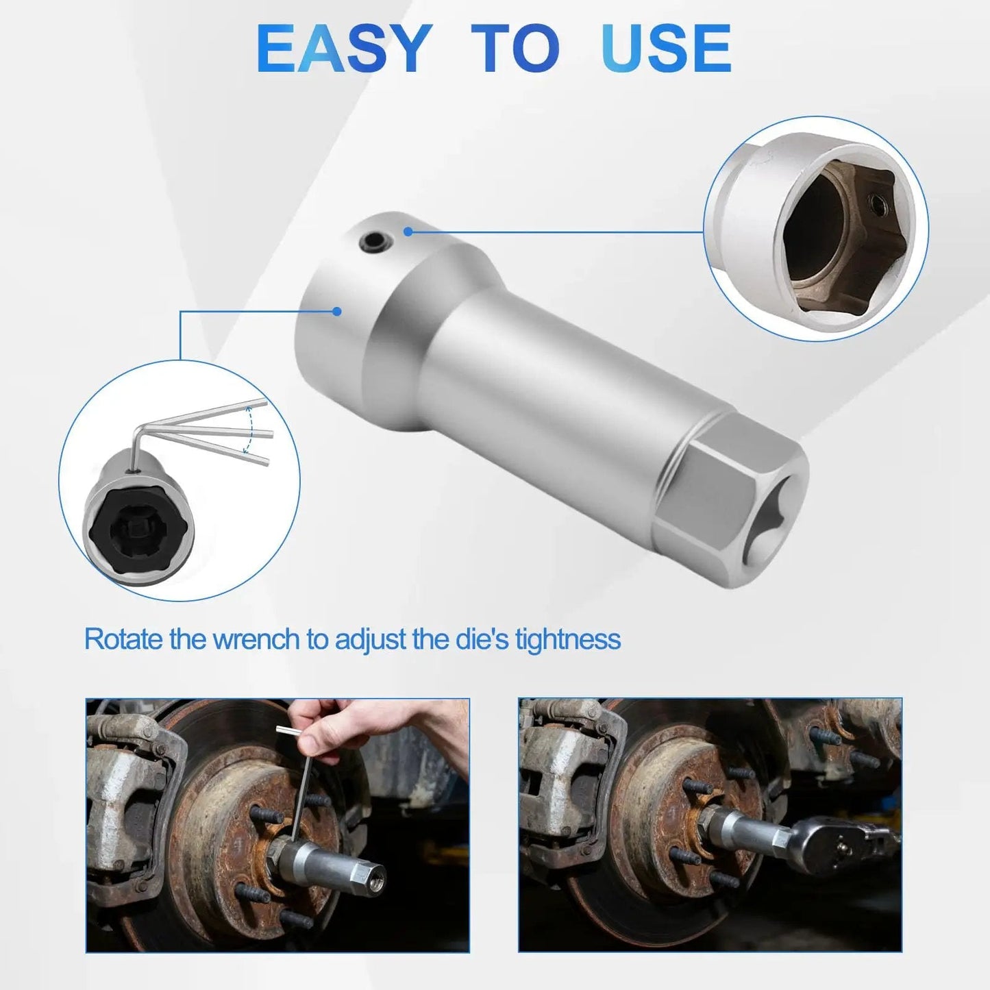 All-In-One Axle Thread Repair Kit For Spindles And Wheel Studs By Syizyen demonstrating socket use and adjustment on axle threads.