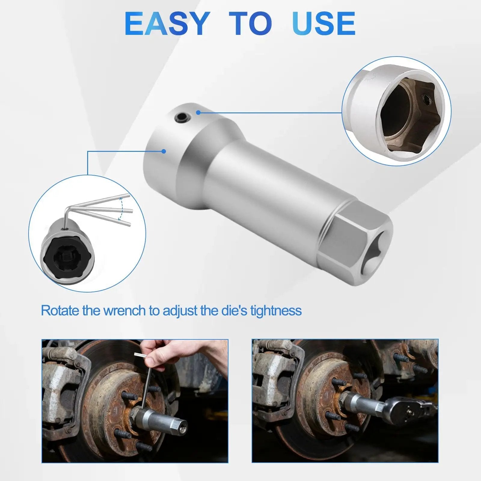All-In-One Axle Thread Repair Kit For Spindles And Wheel Studs By Syizyen demonstrating socket use and adjustment on axle threads.