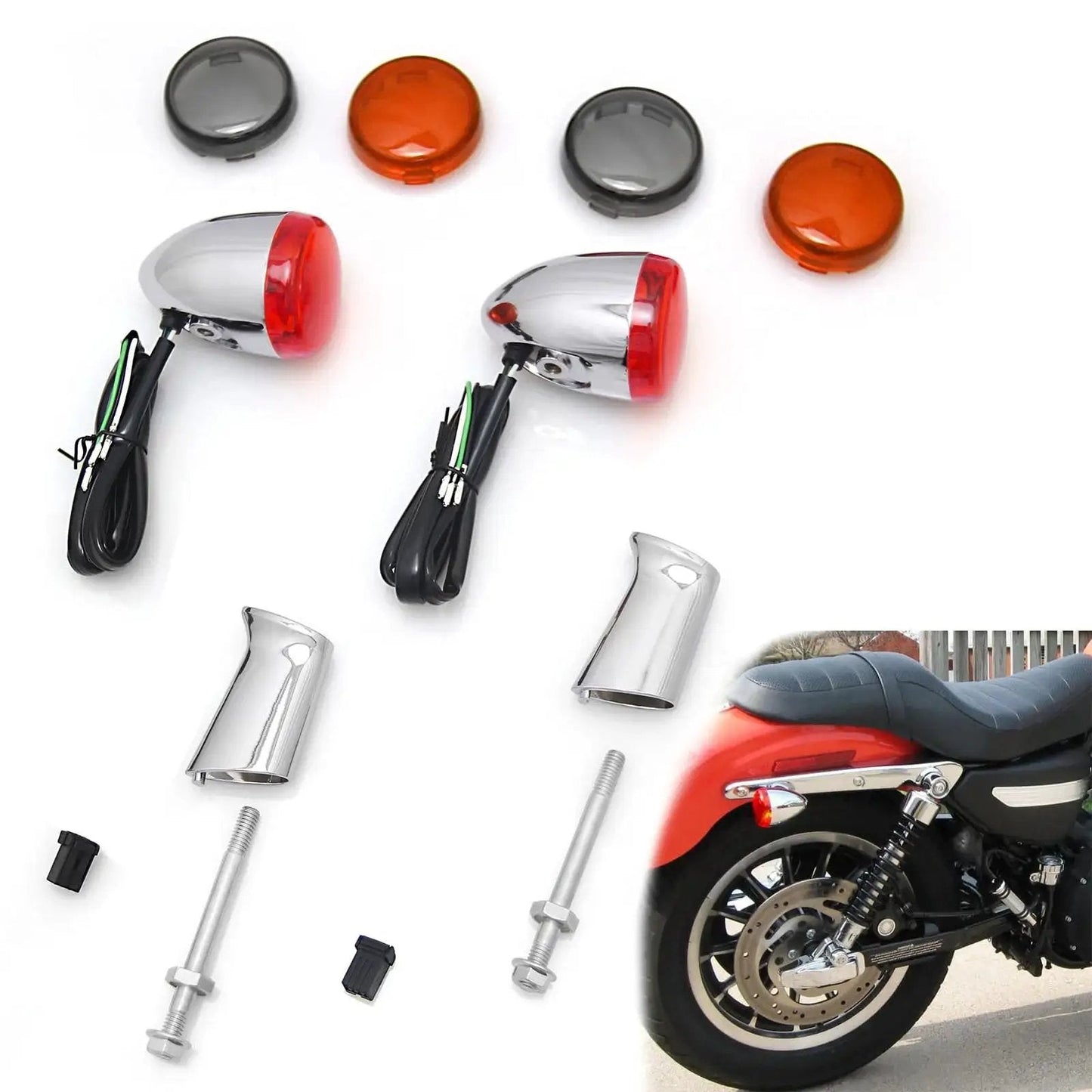 Bullet Style Turn Signal Rear Indicator Lamps For Harley Sportster XL883 XL1200 Dyna Softail 1992 To 2024 Chrome Metal Kit