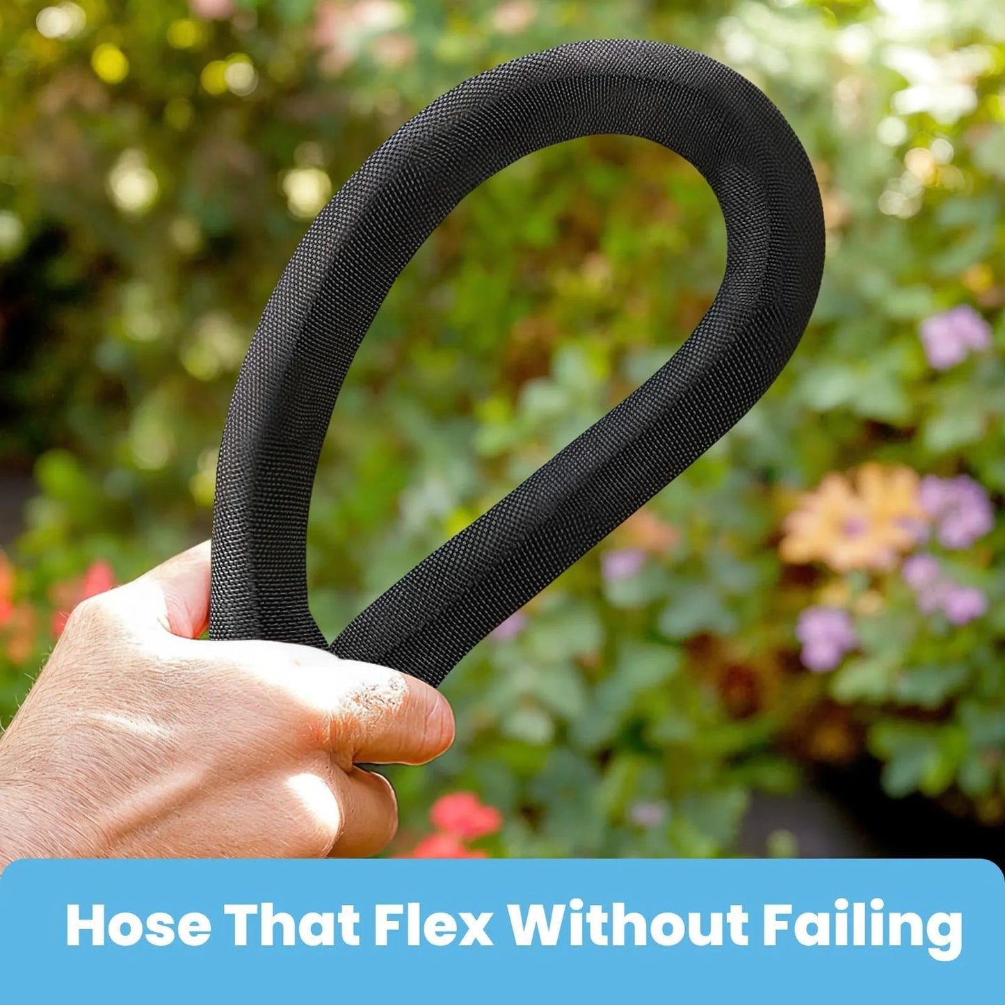 Person holding Non Expanding 100 Foot Garden Hose With Lightweight Flexible Design For Easy Handling, Burst Resistant, Lead Free.