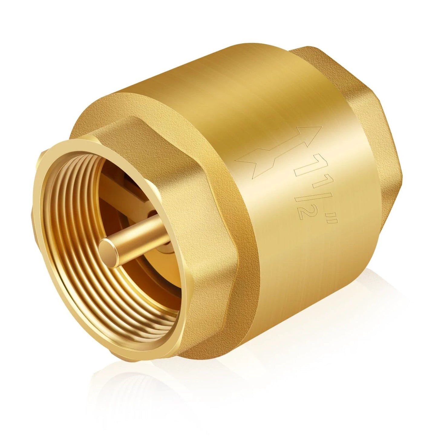 Solid Brass Spring Check Valve One And One Half Inch NPT Female Thread Non Return One Way Inline Water Valve For Well Pump Tank And Backflow Preventer Built To Last Heavy Duty With Horizontal Or Vertical Install Capability, side view