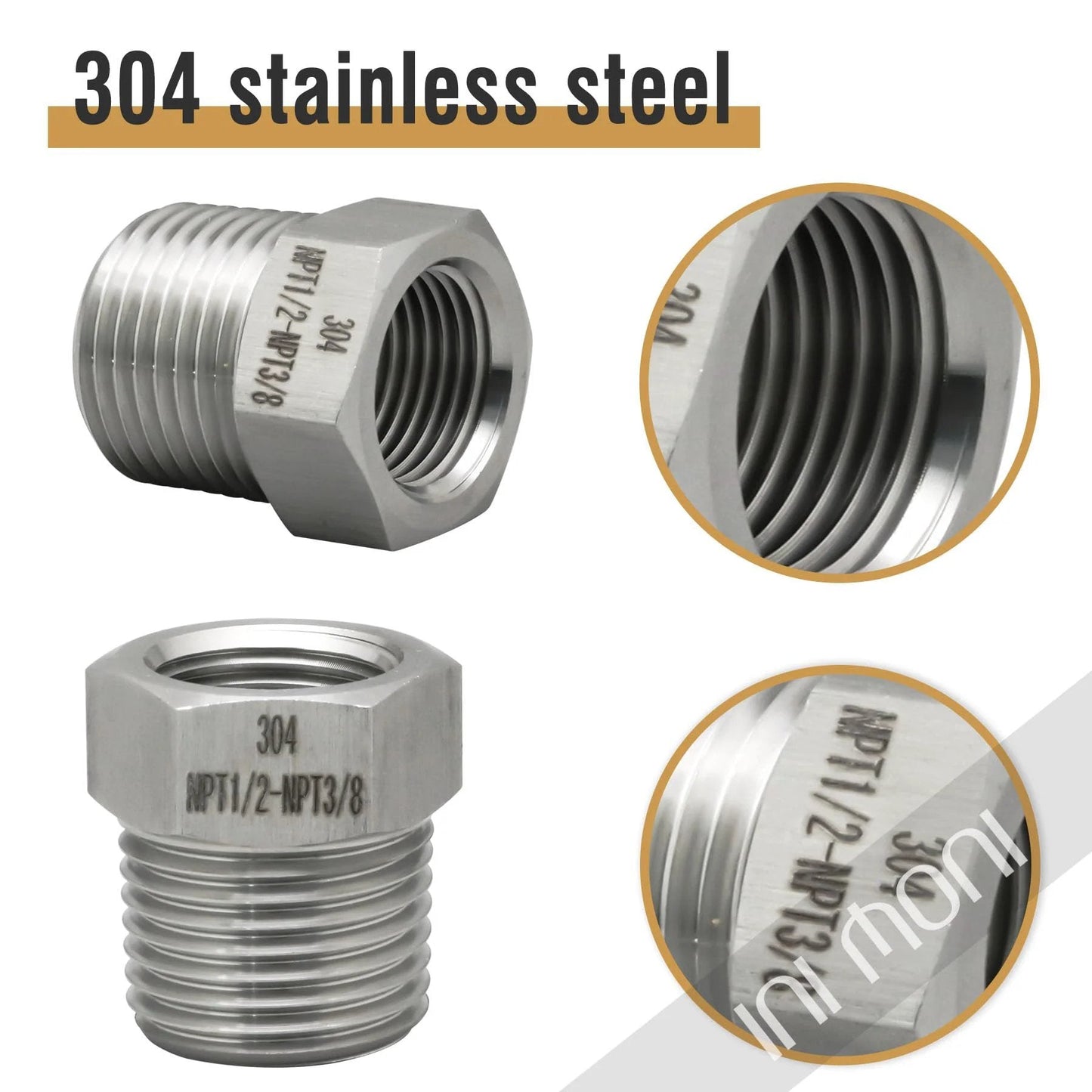 Heavy Duty Stainless Steel NPT Reducer Hex Bushing One Half Inch Male To Three Eighth Inch Female Beefy High Pressure Pipe Fitting For Water Gas Oil Air Hydraulic Systems 2900 PSI, front and side view, close-up of thread details