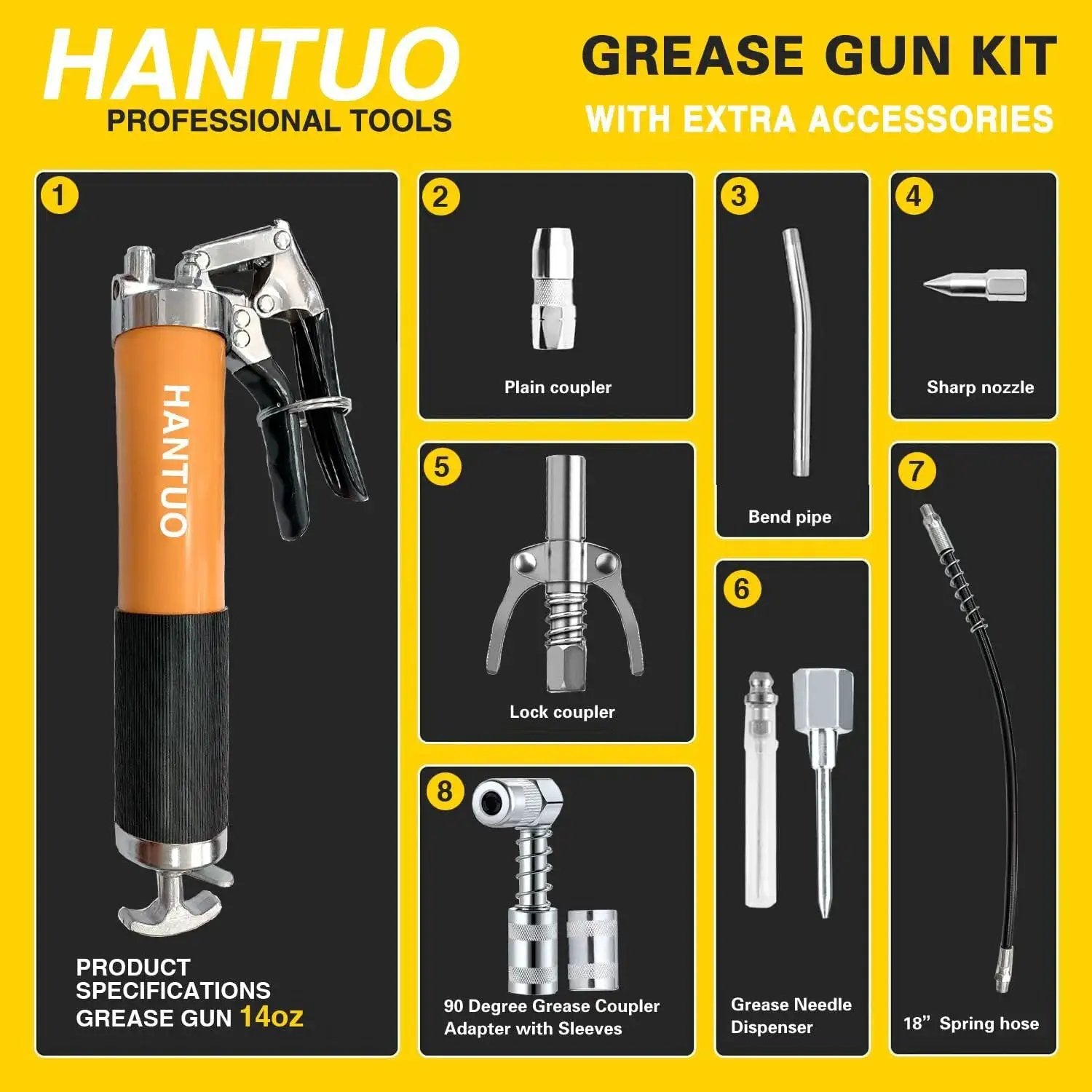 Heavy Duty Pro Grade Grease Gun Kit 8000 PSI with Quick Release Coupler and Accessories for Trucks and Machinery Use