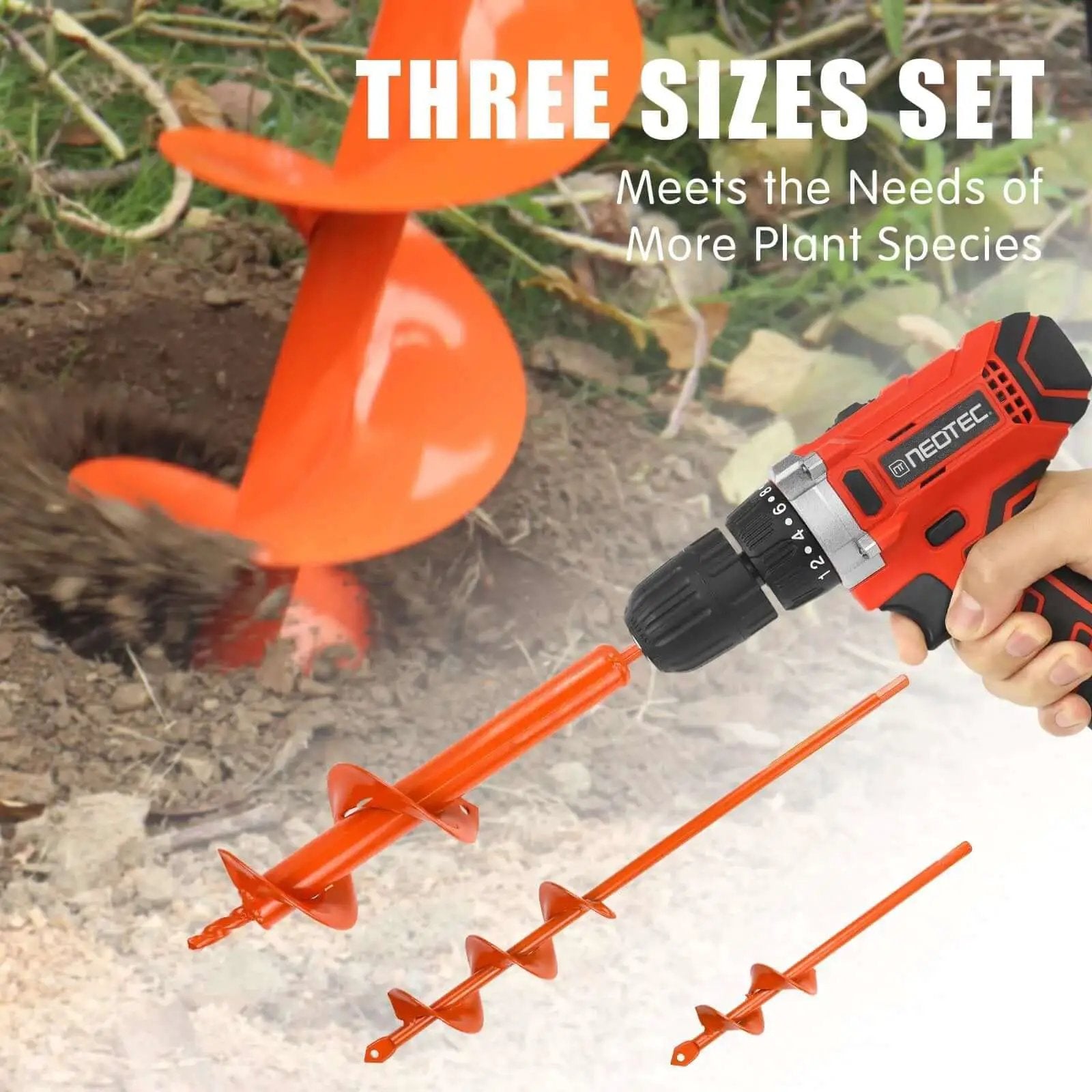 Set Of 3 Garden Auger Drill Bits For Planting In 1.6 X 8.6 In, 3 X 12 In, And 2 X 14.5 In Sizes For Three Eighth Inch Hex Drive Drills