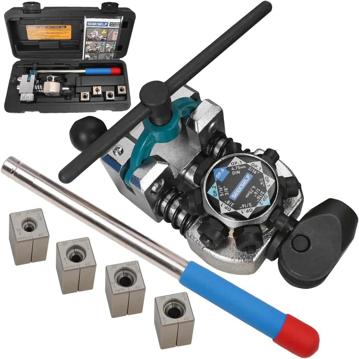 Brake Line Flaring Tool Kit For 45 Degree Flares 3/16 1/4 5/16 3/8 Tubing with die blocks and lever, front view.
