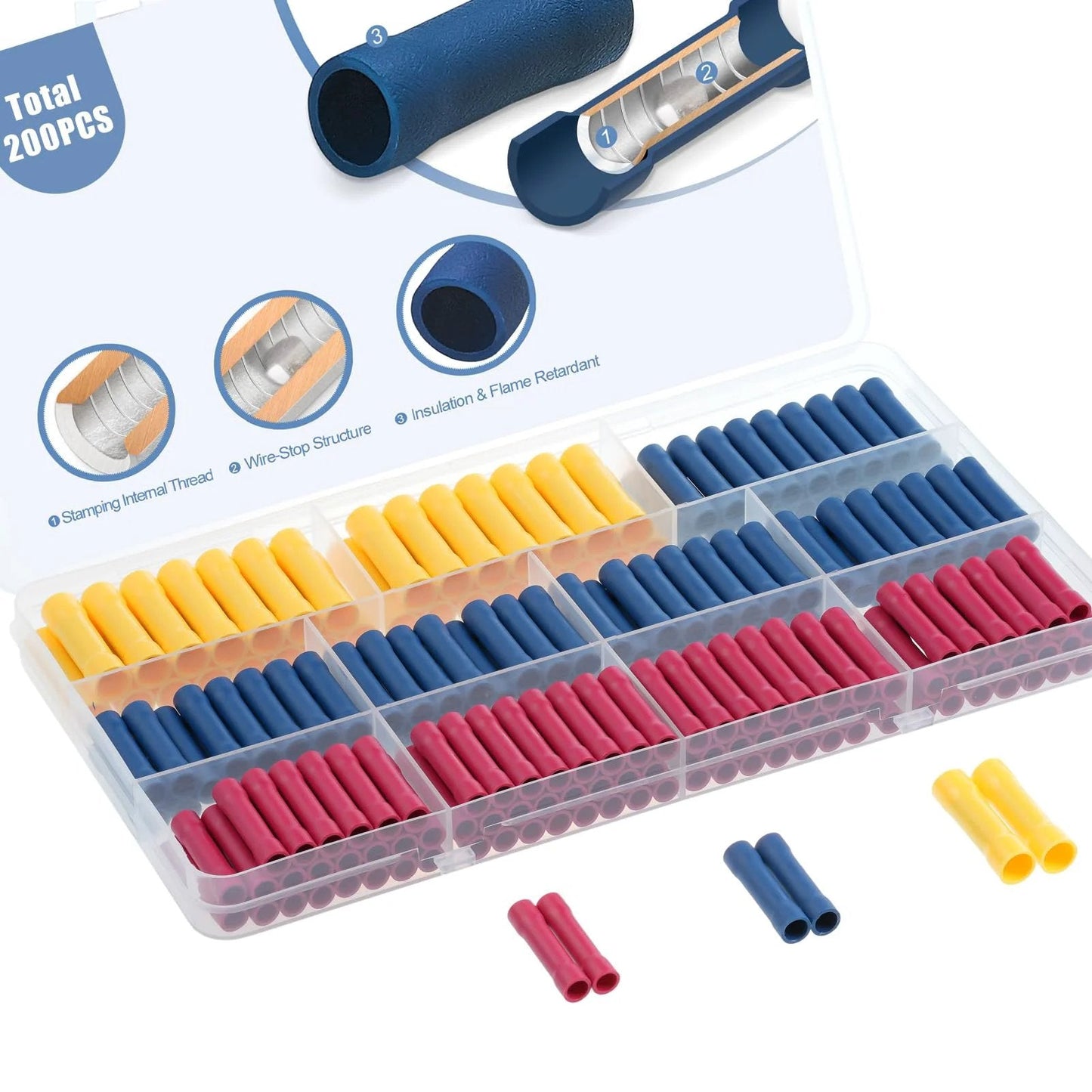 UL Listed 200 Piece Wire Butt Splice Connectors Kit For 22 To 10 AWG Electrical Crimp Terminals Fully Insulated in plastic organizer
