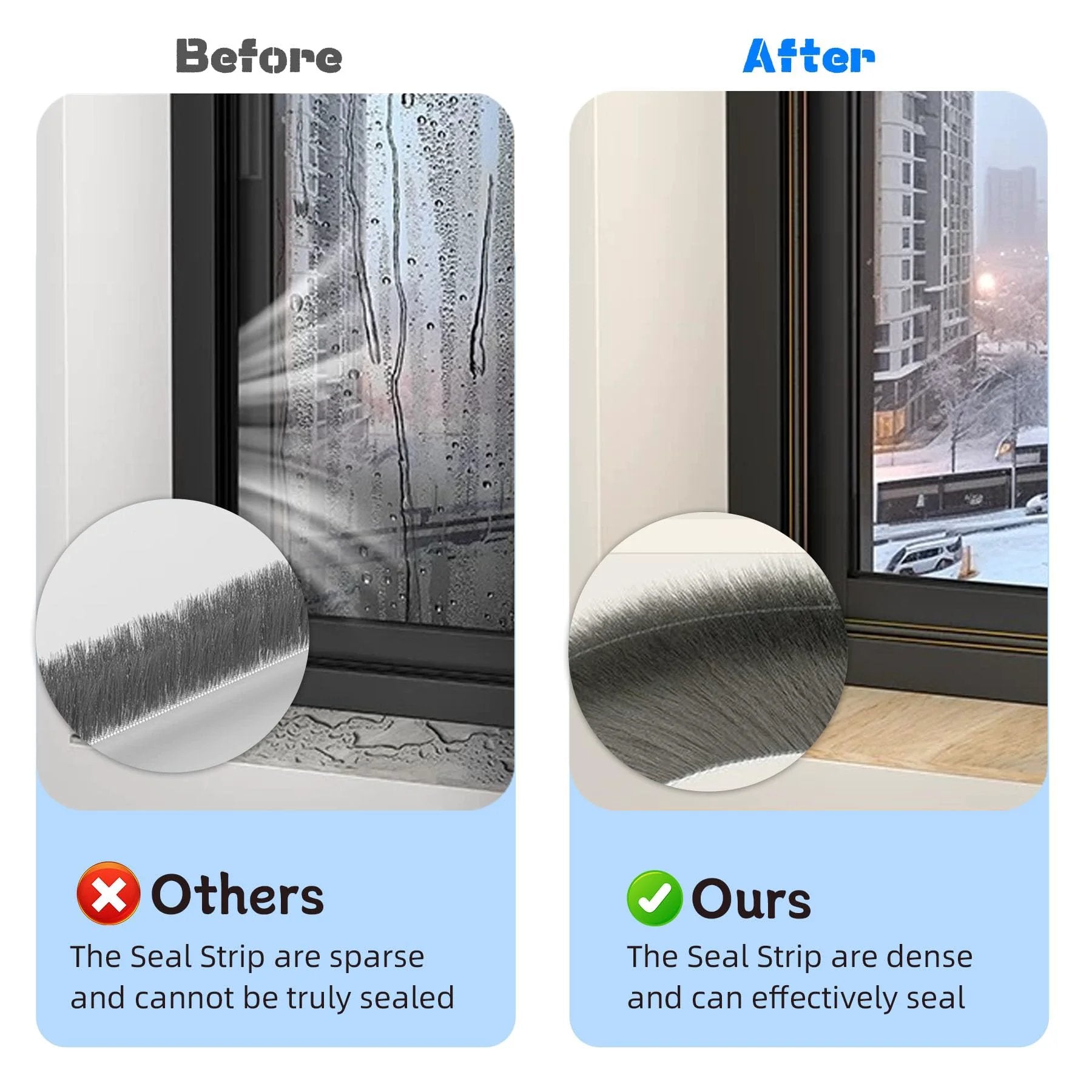 Comparison of window with and without Door Draft Stopper With Felt Pile Weather Stripping For Doors And Windows 33 Feet Long Self Adhesive Blocker Dust Insects Noise Shield Sliding Door Seal For Winter 0.4 Inch Wide By 0.4 Inch Thick