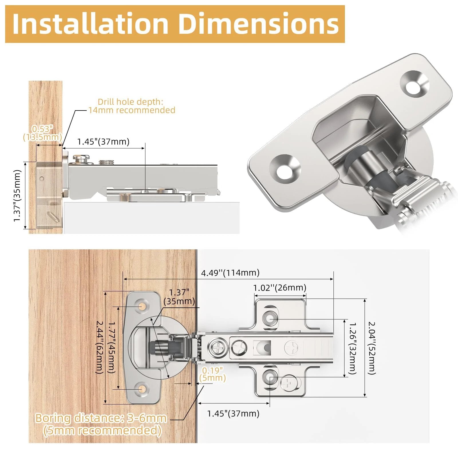 10 Pack Frameless Full Overlay Soft Close Cabinet Hinges With 4D Adjustment And Speed Control For A No Gap Fit Clip On European Stainless Steel Kitchen Hardware Open From 45 To 110 Degree installation dimensions and drilling depth guide