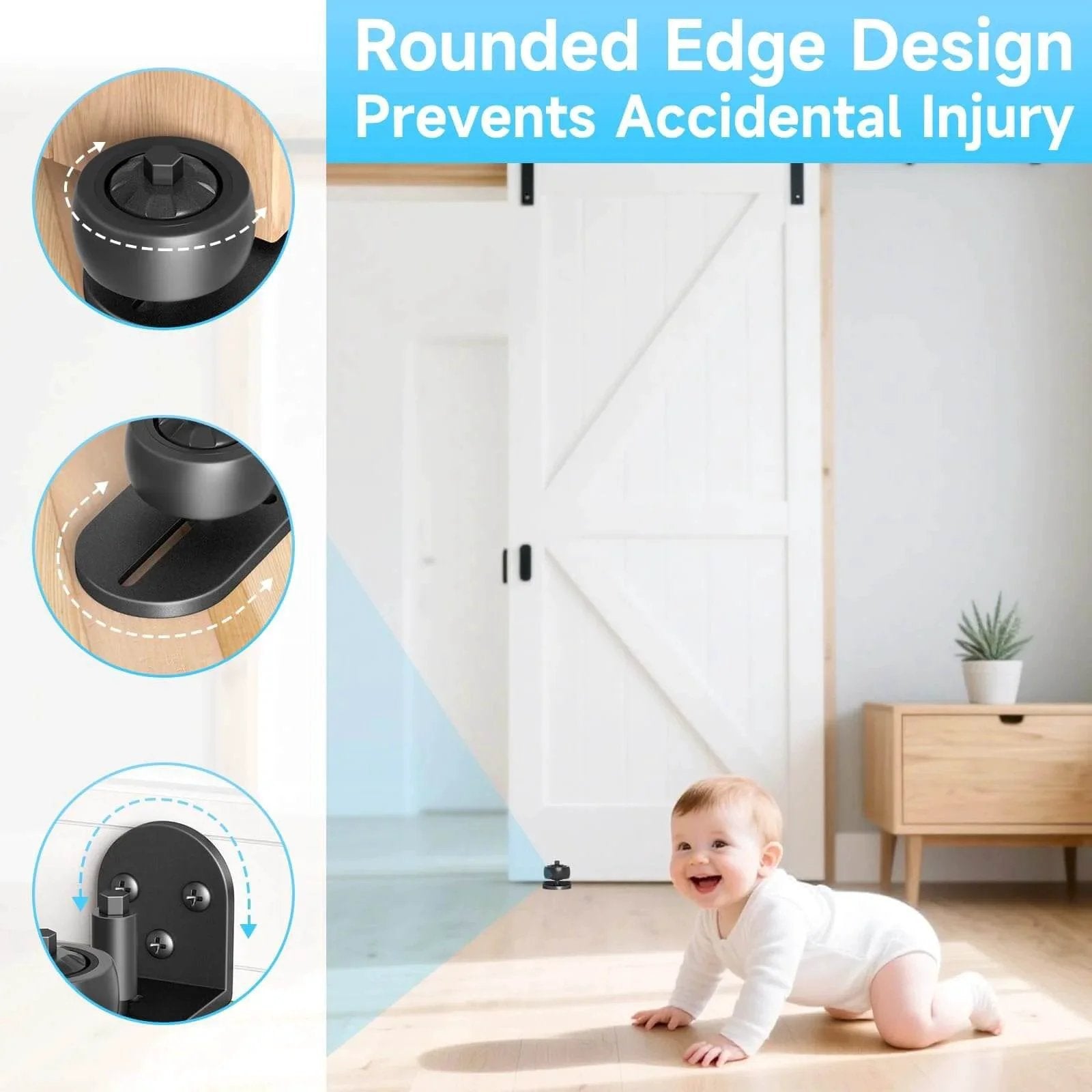Sliding Barn Door Floor Guide With Adjustable Rubber Rollers, Flush Flat Bottom And Round Edge Design, installed in home