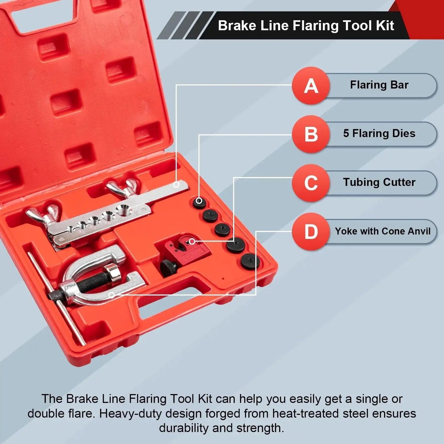 Brake Line Flare Tool Kit With Tubing Cutter And 5 Adapters For Copper Tubing in open red case showing tools and adapters.