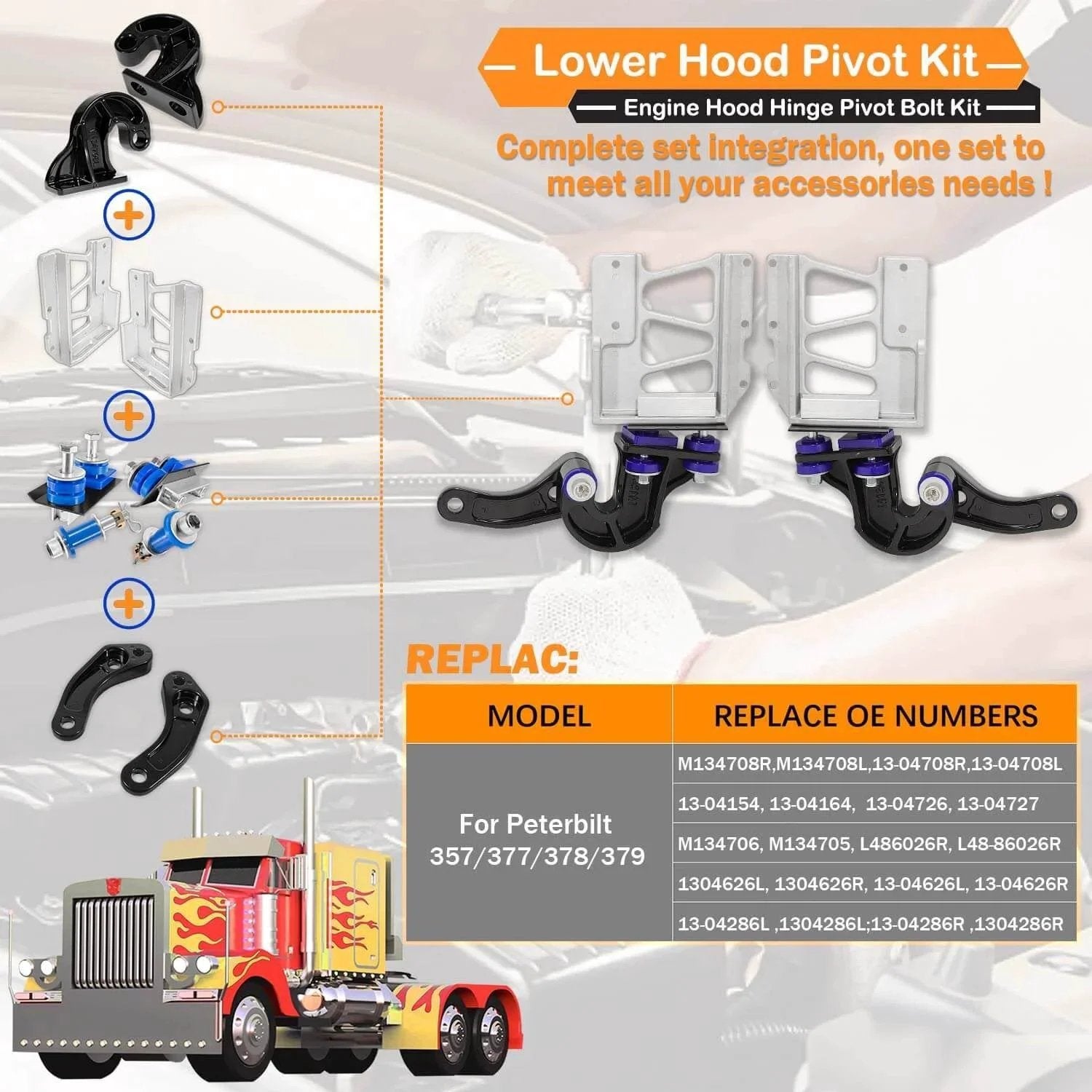 Lower Hood Pivot Kit, Pivot Bolt Kit, Upper Pivot Bracket Kit For 377 378 379 Trucks Replacement M134708R M134708L parts overview