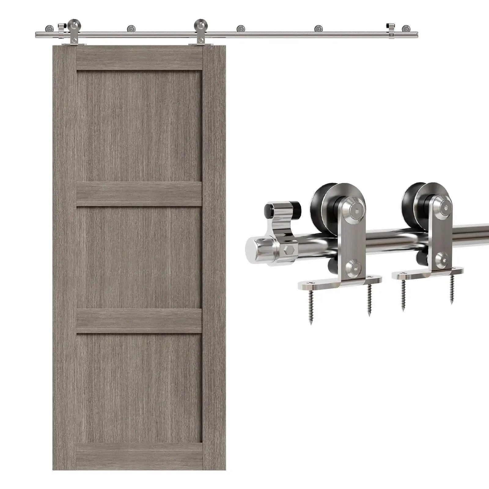 5.5 Foot Stainless Steel Sliding Track Barn Door Hardware Kit For Single Door Heavy Duty, Quiet Smooth Roller Bearings, close-up view.