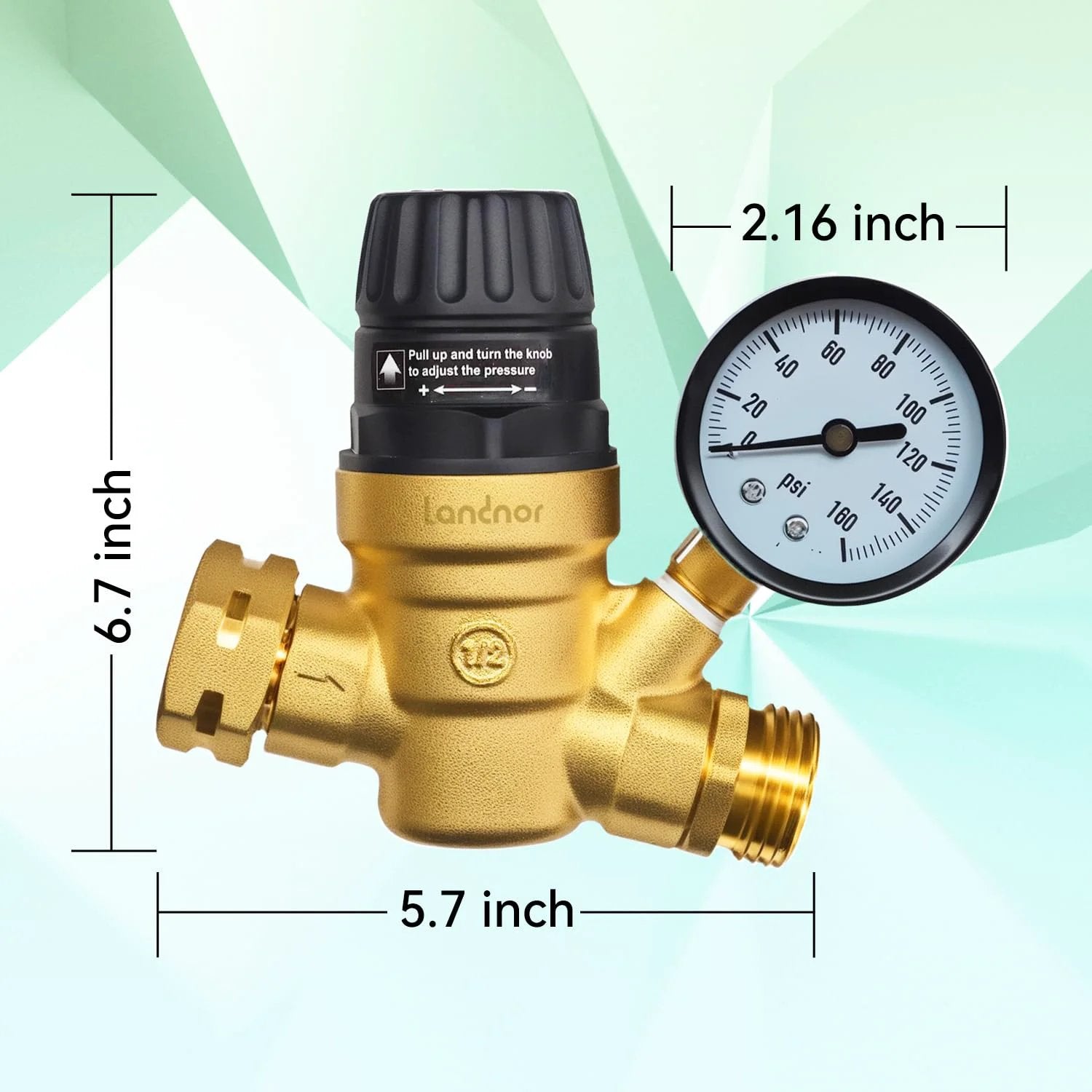 Adjustable RV Water Pressure Regulator Valve With Gauge And Inlet Screen Filter Brass Lead Free No Tool Required Must Have For Camper Travel Trailer And RV Plumbing Protection Great For Any Road Trip, showing the valve with gauge and dimensions.