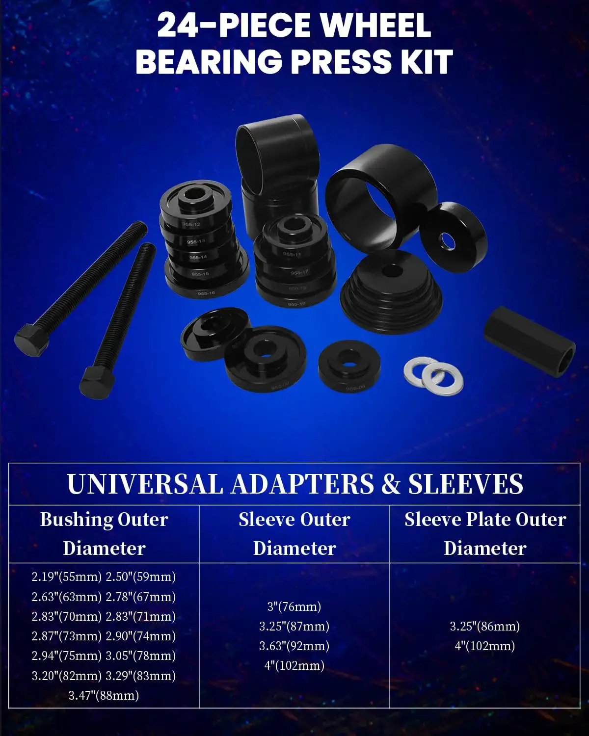 24 Piece Wheel Bearing Press Kit for Easy Front Wheel Bearing Removal and Installation, Universal Sleeves Set displayed