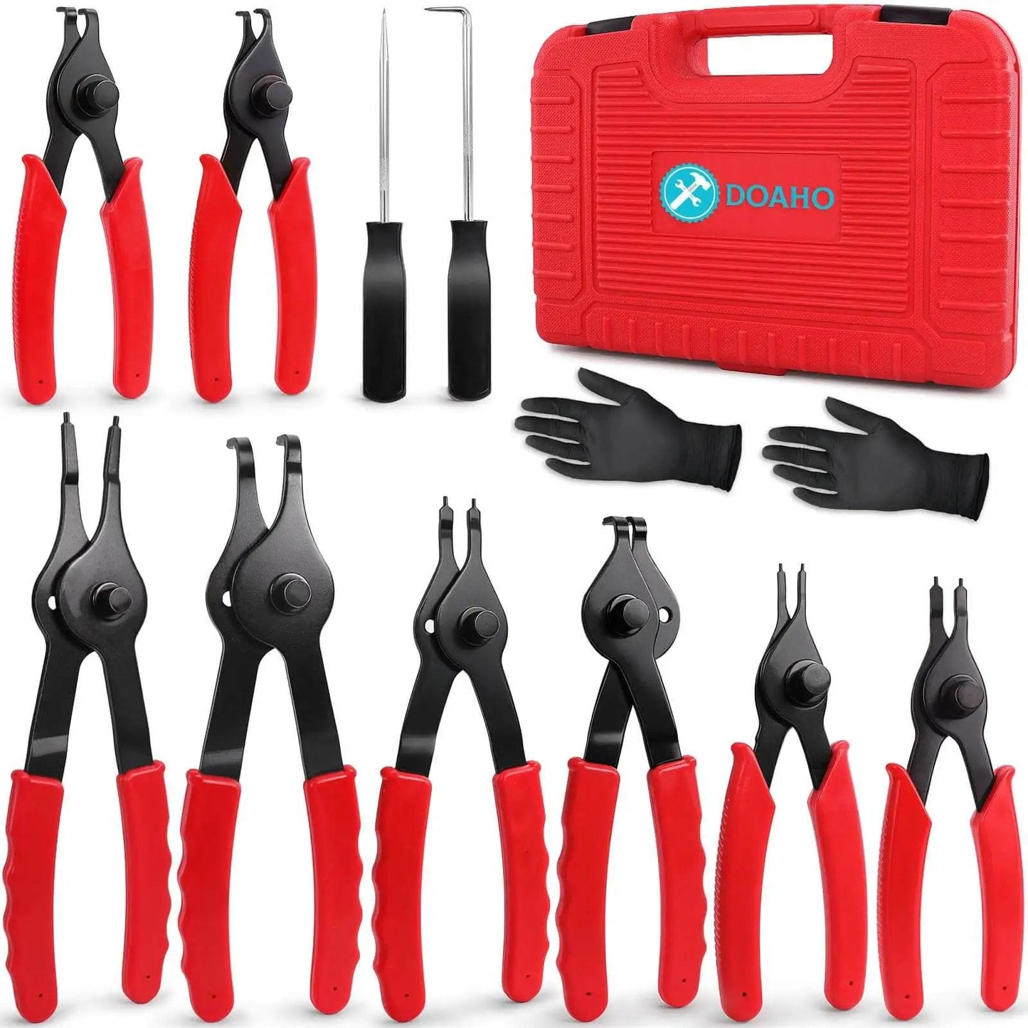 Ten Piece Snap Ring Pliers Set For Automotive Retaining Rings Removal And Installation Including Internal And External Circlips With Straight And Bent Jaw, Hook And Pick Tools In A Garage Ready Storage Case displayed in red case.