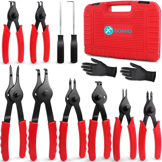 Ten Piece Snap Ring Pliers Set For Automotive Retaining Rings Removal And Installation Including Internal And External Circlips With Straight And Bent Jaw, Hook And Pick Tools In A Garage Ready Storage Case displayed in red case.