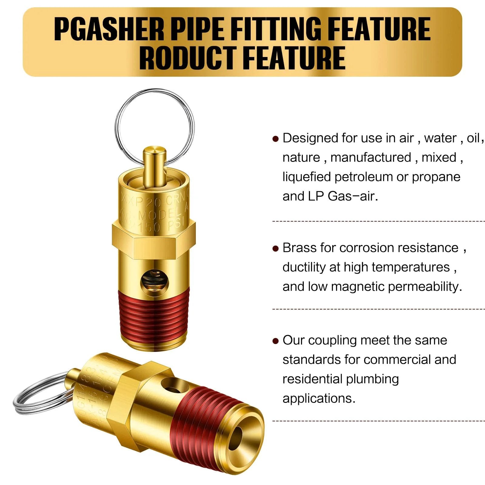 Four Pack One Quarter Inch NPT Pressure Relief Valves For Air Compressors Brass Safety Check Valves With Seals, 150 PSI