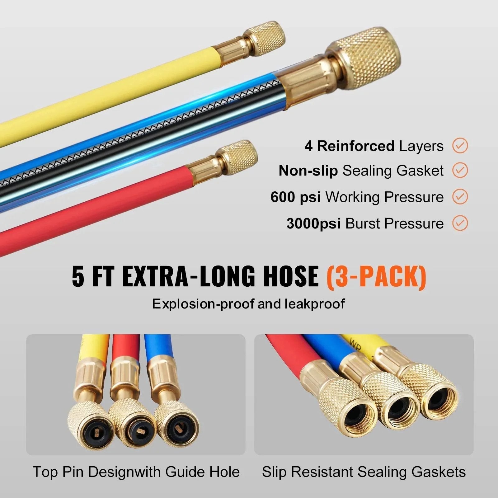 Three Way Car AC Manifold Gauge Set For R134A R22 R12 R502 With 5 Ft Hoses close-up showing yellow, blue, and red hoses