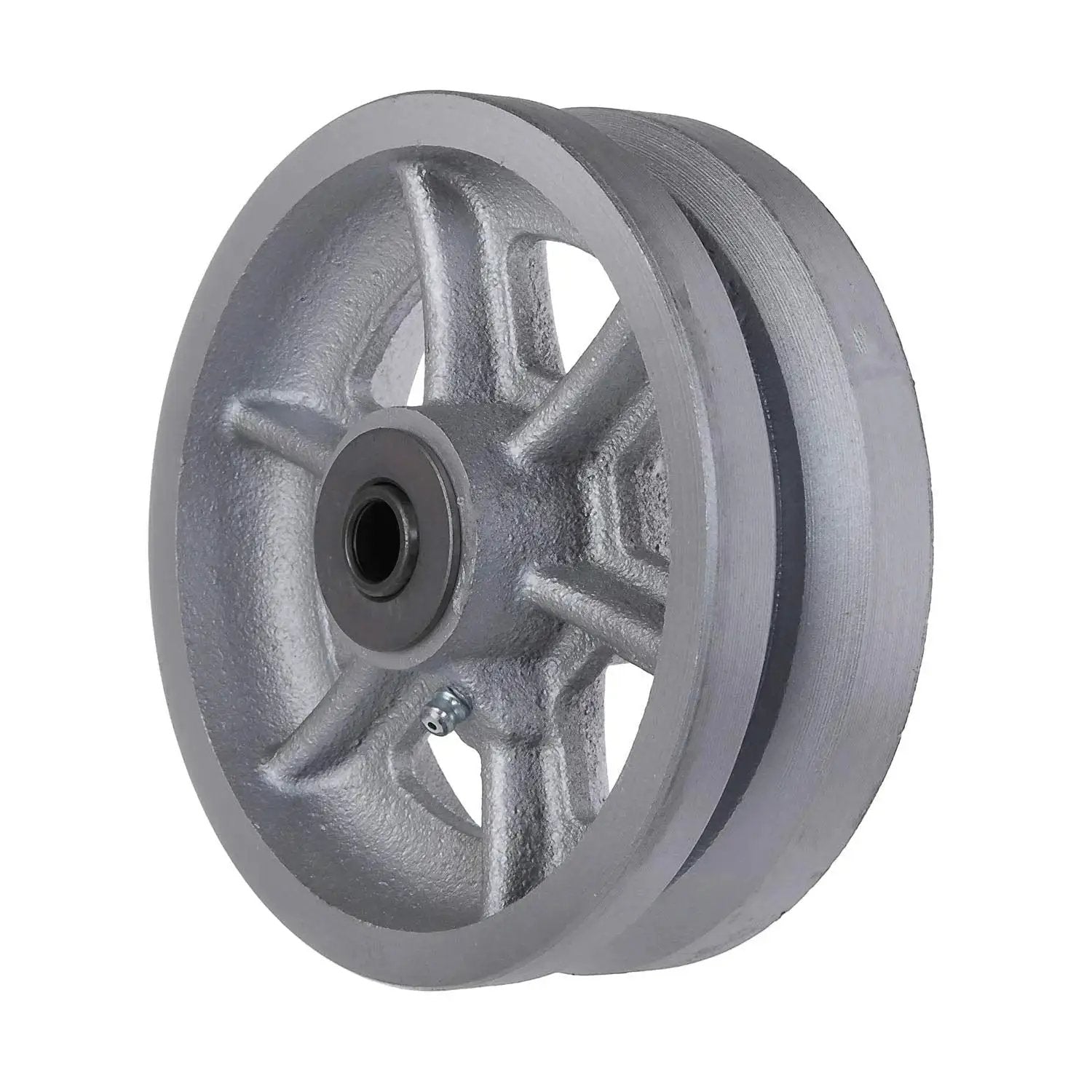 Beefy Cast Iron V Groove Caster Wheel With Straight Roller Bearing, 6 Inch Diameter, 2 Inch Wide, 1000 Lbs Capacity, Silver, 1 Pack
