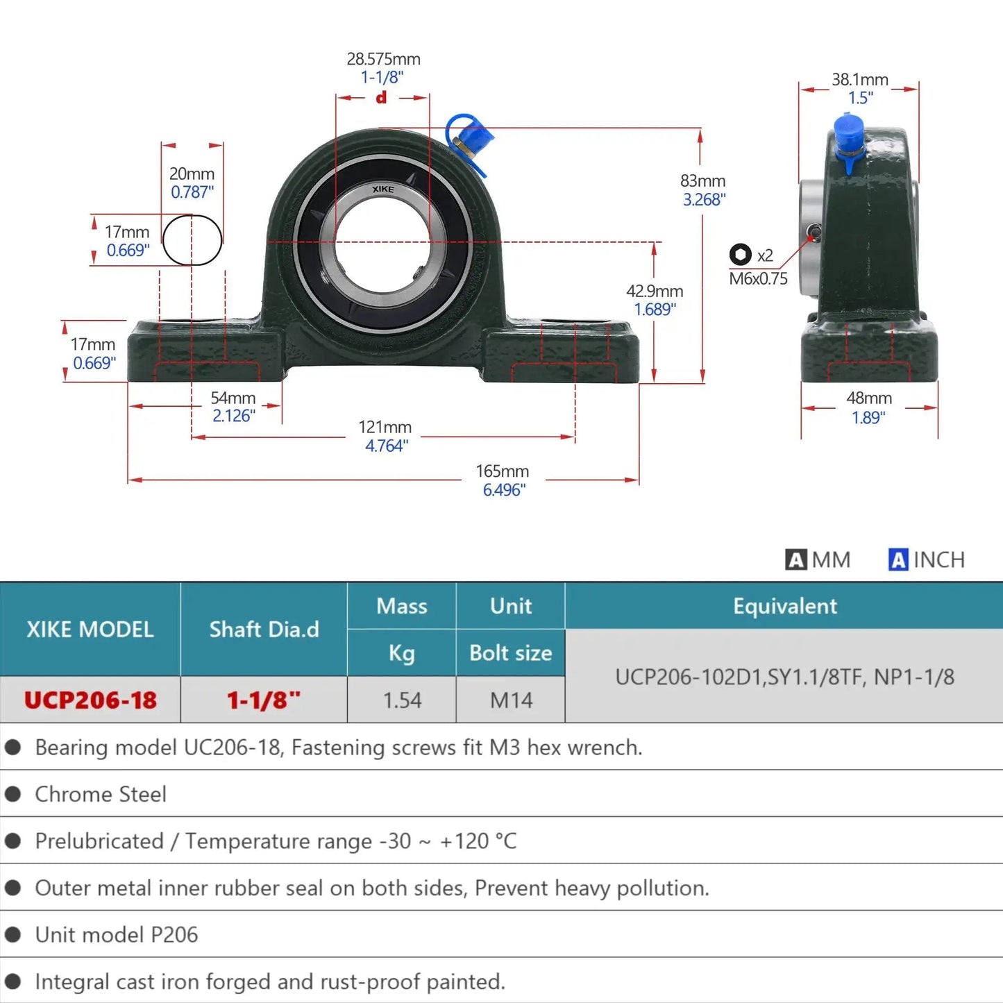 Diagram of Two Pack Pillow Block Bearing Set UCP206-18 Bore 1 1/8 Inch Self Aligning Chrome Sealed Bearings With Solid Cast Iron Base
