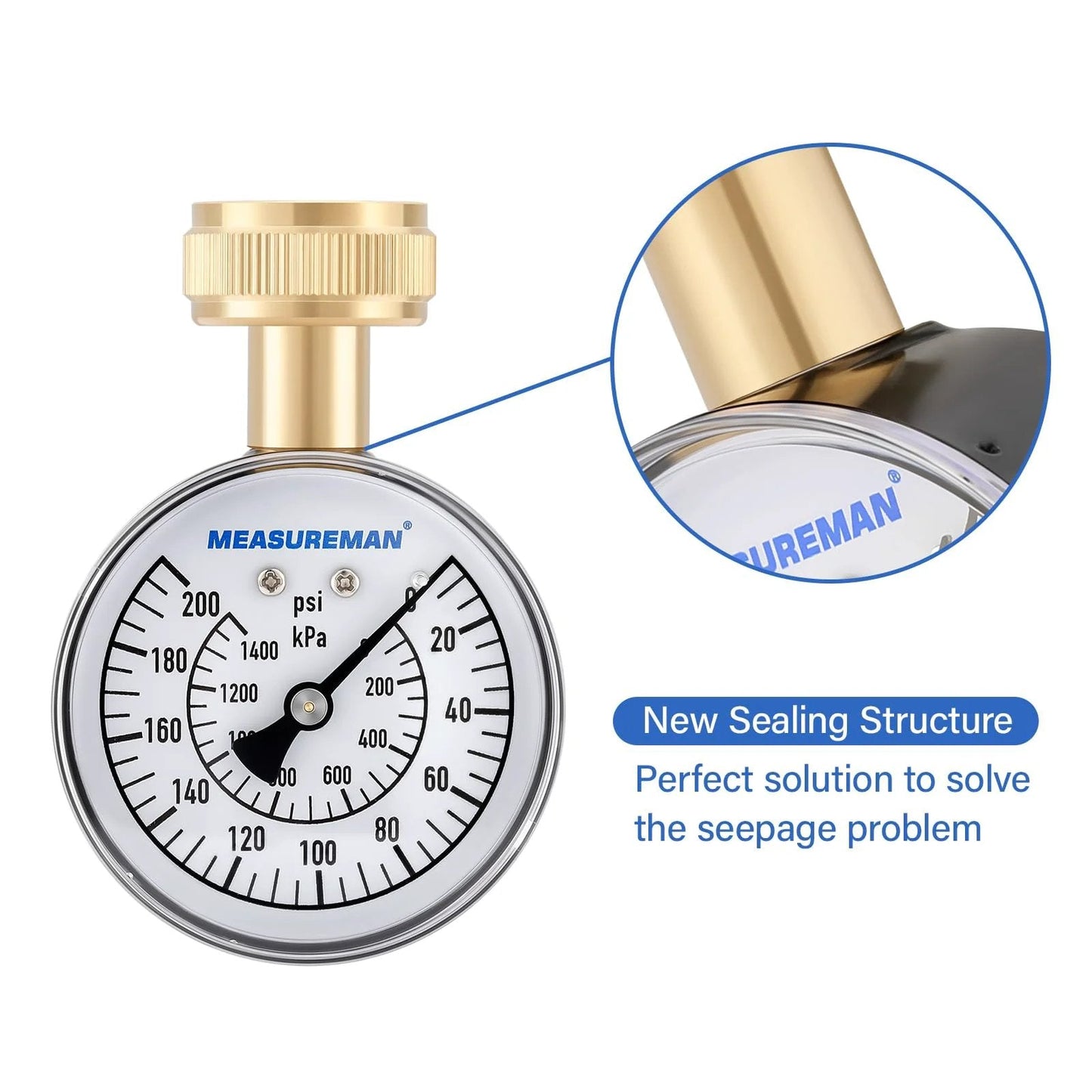 Front view of Water Pressure Gauge 0 To 200 PSI With Two And A Half Inch Dial And Three Quarter Inch Hose Thread Built Tough