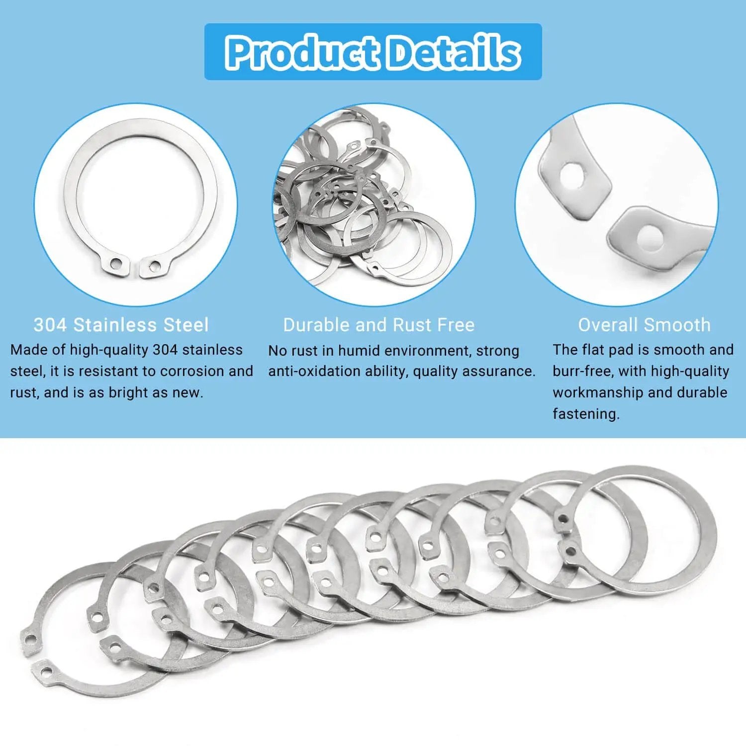 46mm External Circlips OD 304 Stainless Steel C Clip Retaining Rings Pack Of 20 For Automobiles Valves Bearings And Electrical Systems High Tensile Strength Rust Resistant Easy Install shown with smooth finish and durable design