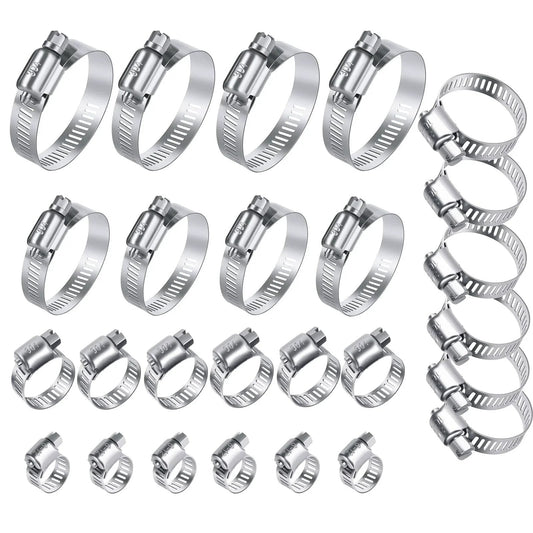 26 Piece Stainless Steel Hose Clamps Assortment Kit One Quarter To Two Inch Adjustable Worm Gear Clamps For Fuel Line Plumbing Automotive Garden Tubes Radiator And Mechanical Applications