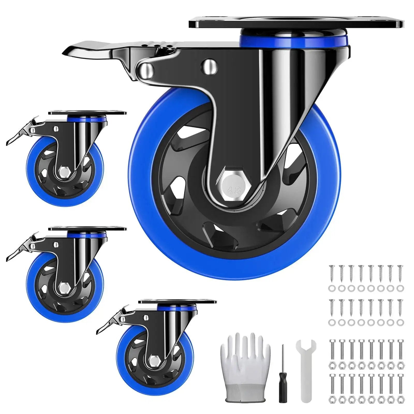 Heavy Duty 4 Inch Caster Wheels Set Of 4 With Locking Swivel Brakes Industrial Plate Casters for Workbenches Furniture and Carts