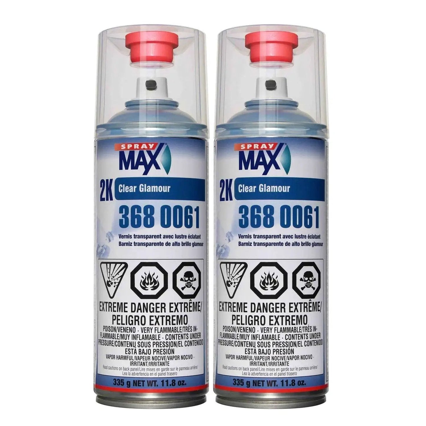 Two Pack 2K High Gloss Automotive Clearcoat Aerosol For Cars And Motorcycles shown in twin spray cans