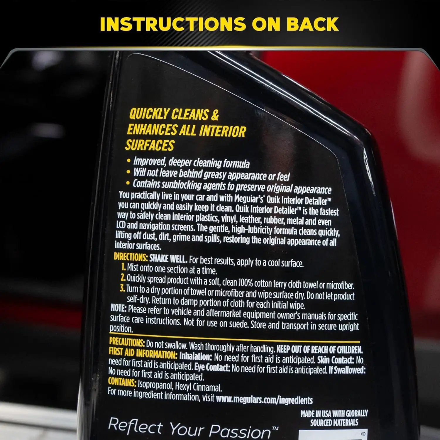 Back view of Meguiar's 16 Oz All Surface Interior Detailer That Cleans Plastics Vinyl Leather And Rubber With No Greasy Residue And Sun Blocking Protection instructions.