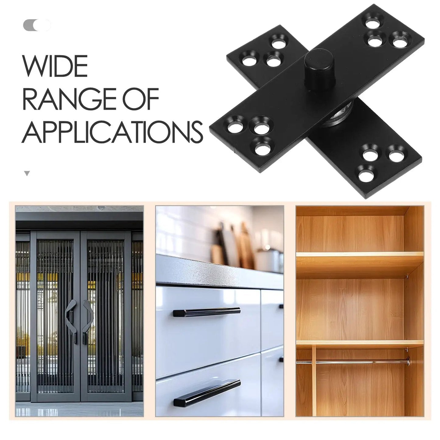 Heavy Duty Stainless Steel 360 Degree Rotating Concealed Door Hinge for Hidden Cabinets and Bookcases shown with applications