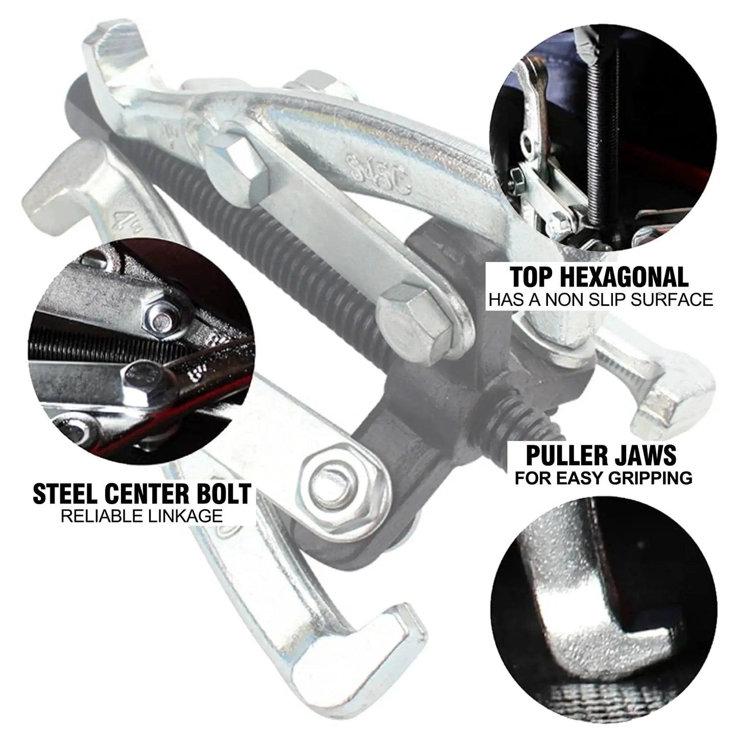 Close-up of three jaw gear puller tool set with reversible jaws for bearing and pulley removal, highlighting steel center bolt and puller jaws.