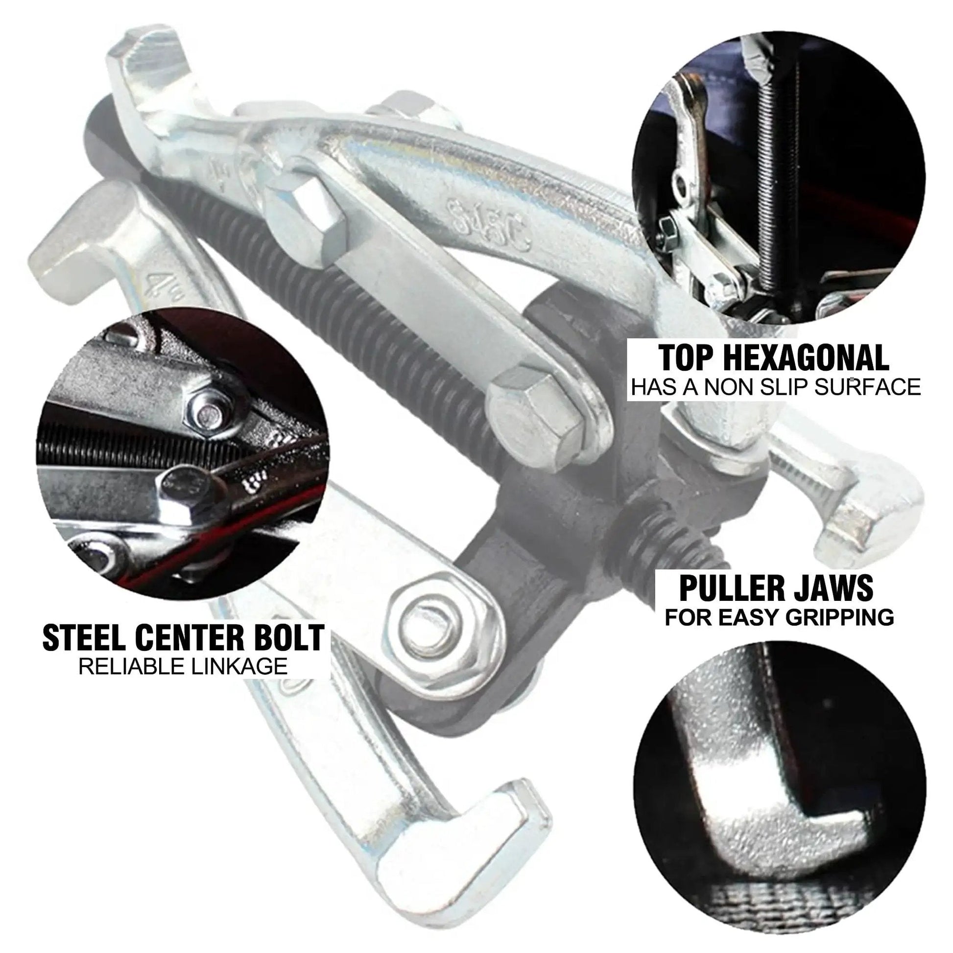 Close-up of three jaw gear puller tool set with reversible jaws for bearing and pulley removal, highlighting steel center bolt and puller jaws.