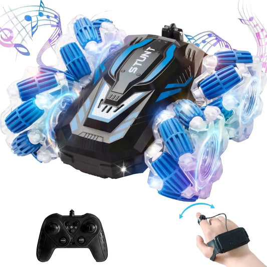 Gesture Sensing 4WD RC Stunt Car With 360 Degree Double Sided Flips Bright Lights And Music 2 4Ghz Remote And Gravity Watch Control Off Road Modes For Rad Indoor Outdoor Fun Ideal Birthday Toy For Boys And Girls Aged 5 12 Blue YEMIAI