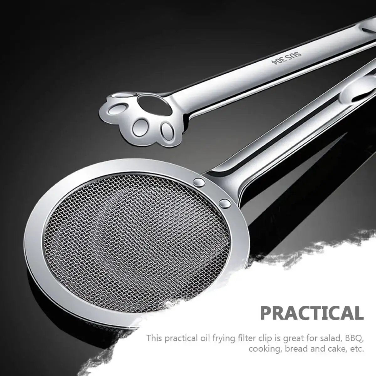 Stainless Steel Oil Strainer Spoon And Frying Oil Filter Clamp With 304 Claw Design, close-up view showing mesh and clamp detail.