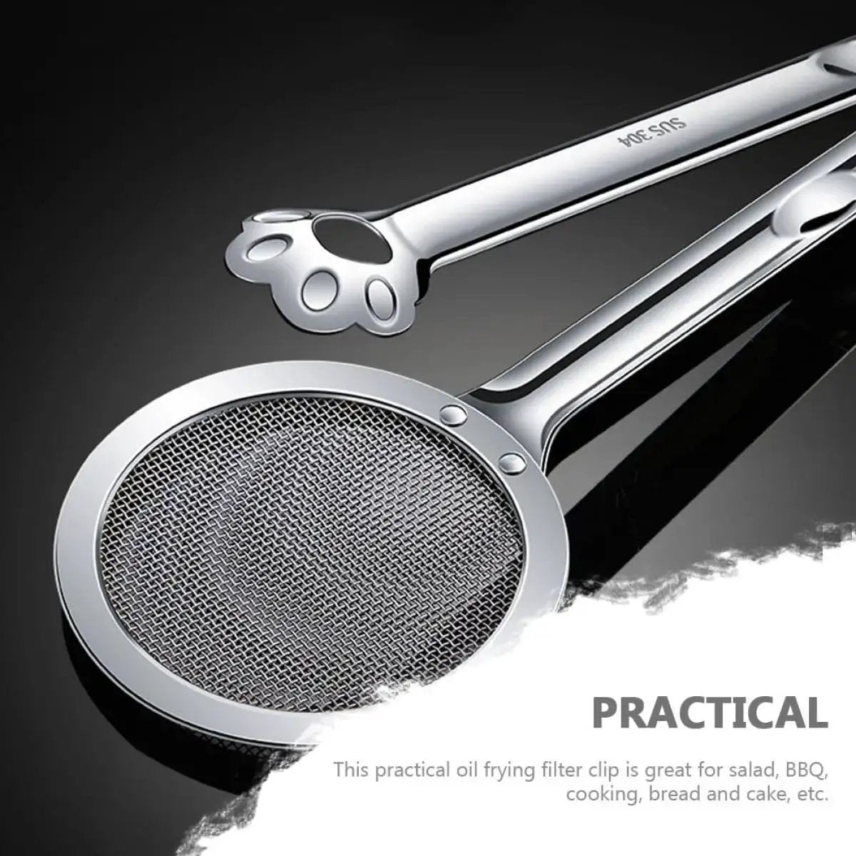 Stainless Steel Oil Strainer Spoon And Frying Oil Filter Clamp With 304 Claw Design for kitchen use shown on a dark background