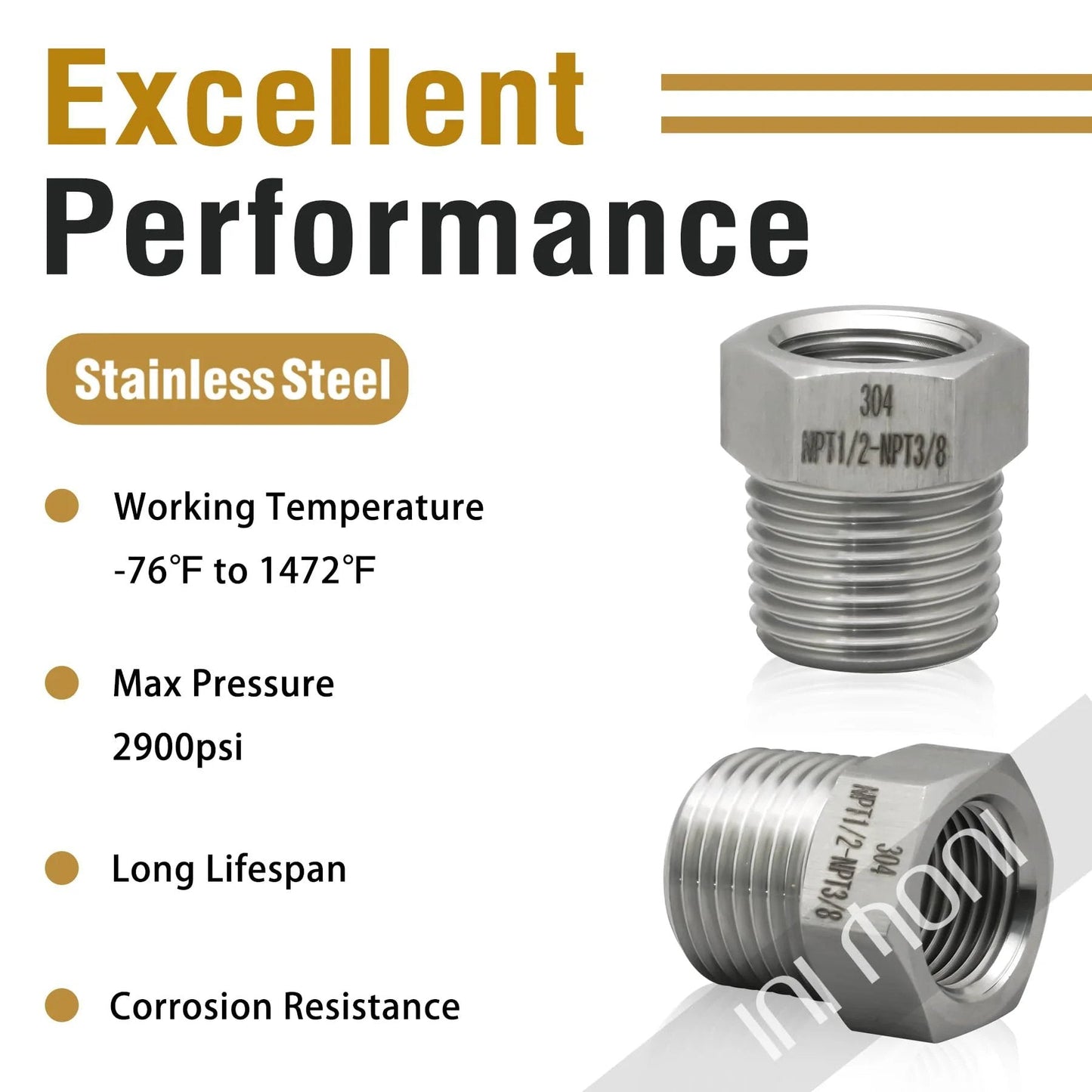 Heavy Duty Stainless Steel NPT Reducer Hex Bushing One Half Inch Male To Three Eighth Inch Female 2900 PSI