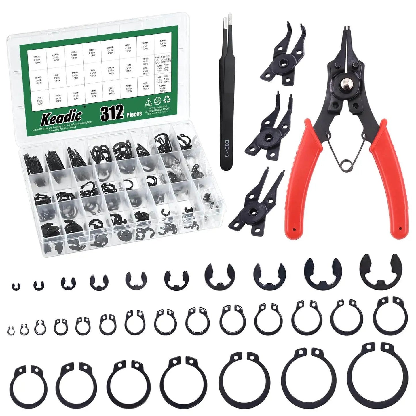 All In One Snap Ring Kit For M4 To M28 External C Clips And E Clips With Pliers And Tweezers 312Pcs Heavy Duty Alloy Steel Set