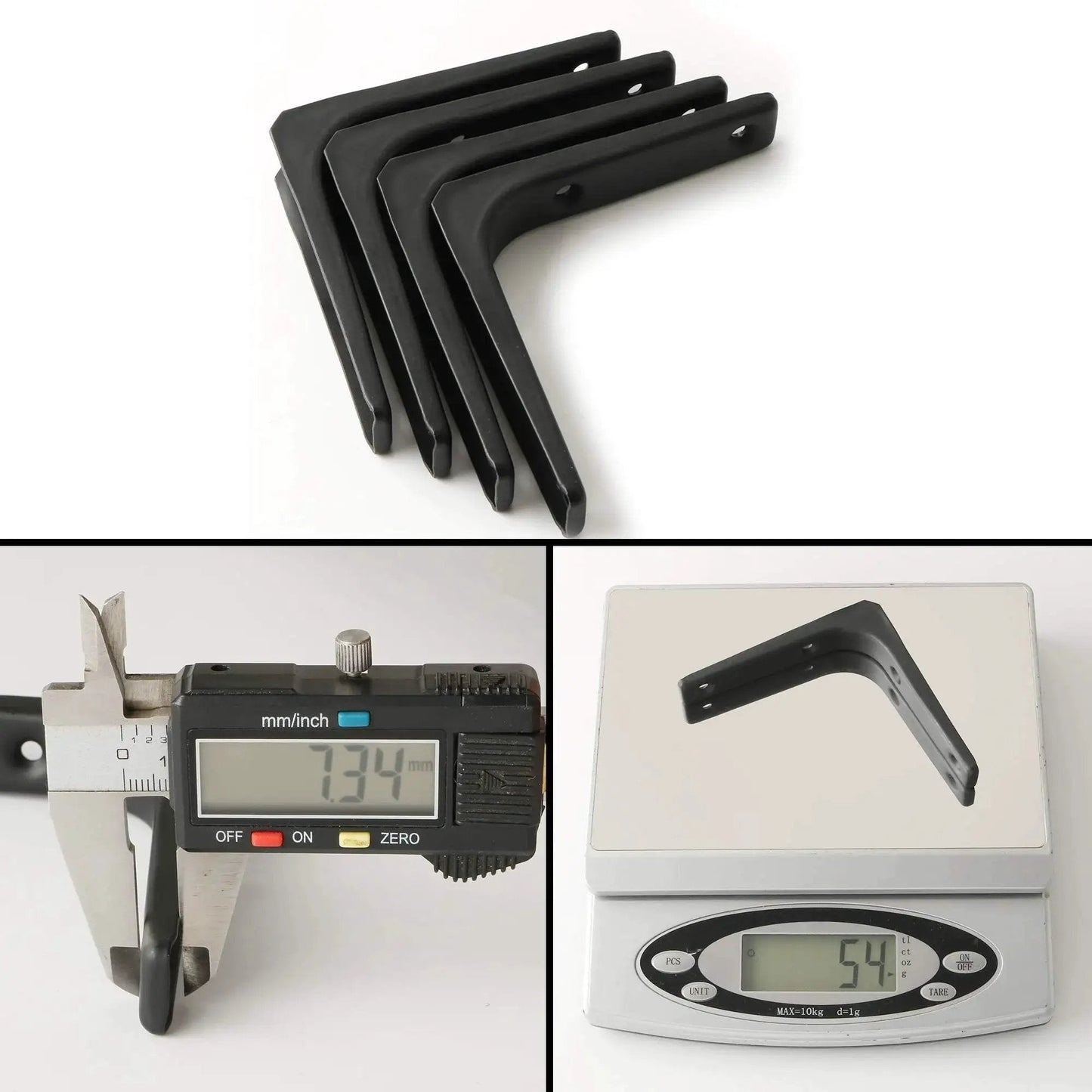 4 Pack Iron Wall Shelf Brackets 4 x 4 Inch Heavy Duty Shelf Support And Joint Angle Brackets Matte Black with weight and size measurements