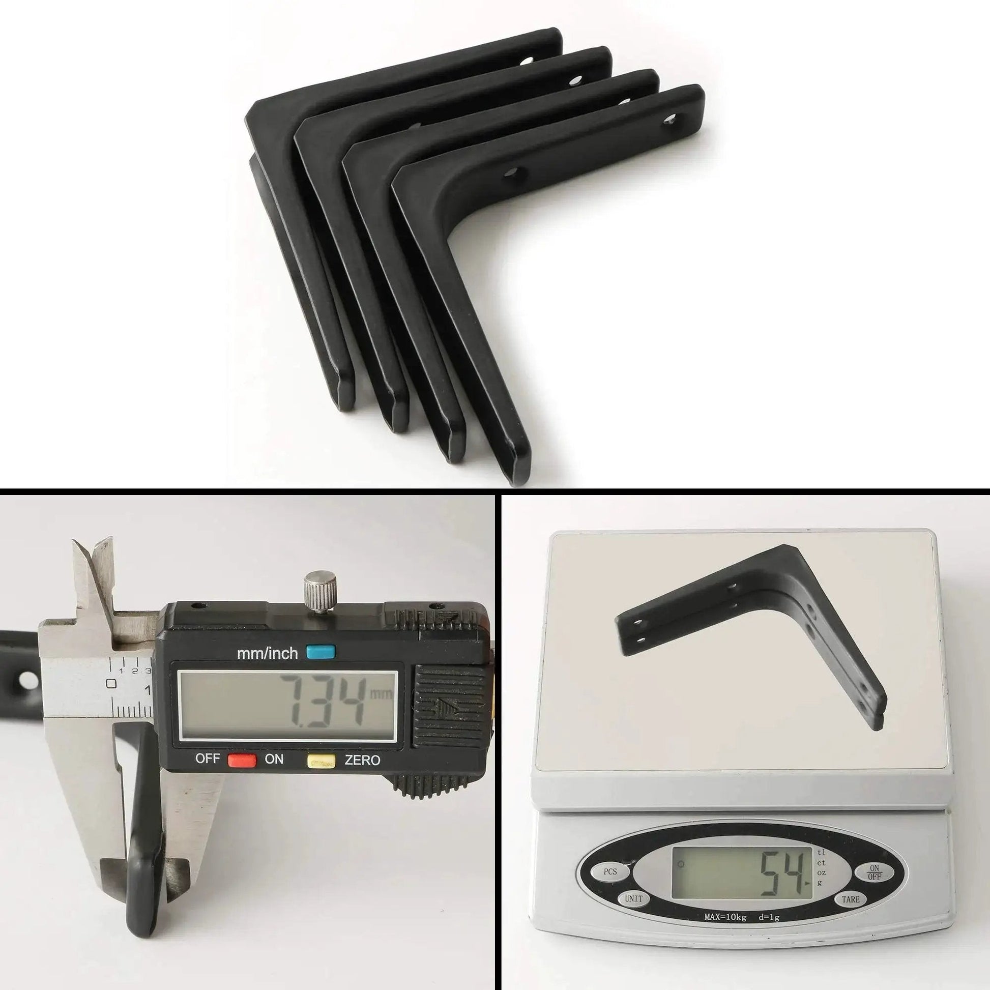 4 Pack Iron Wall Shelf Brackets 4 x 4 Inch Heavy Duty Shelf Support And Joint Angle Brackets Matte Black with weight and size measurements
