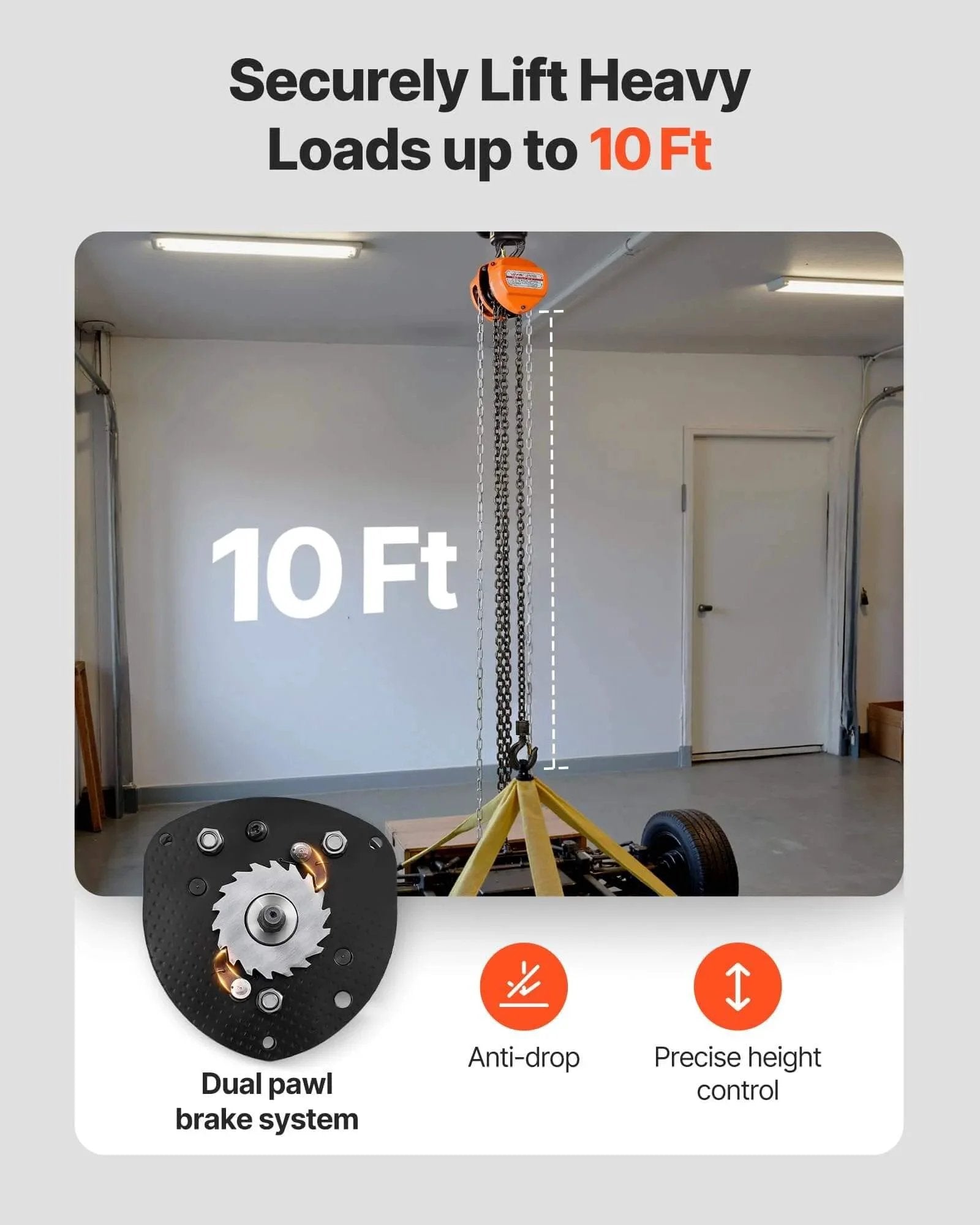 Hand Chain Hoist 1100 Lb Capacity Half Ton With 10 Ft Lift Galvanized G80 Chain in garage with dual pawl brake system close-up.