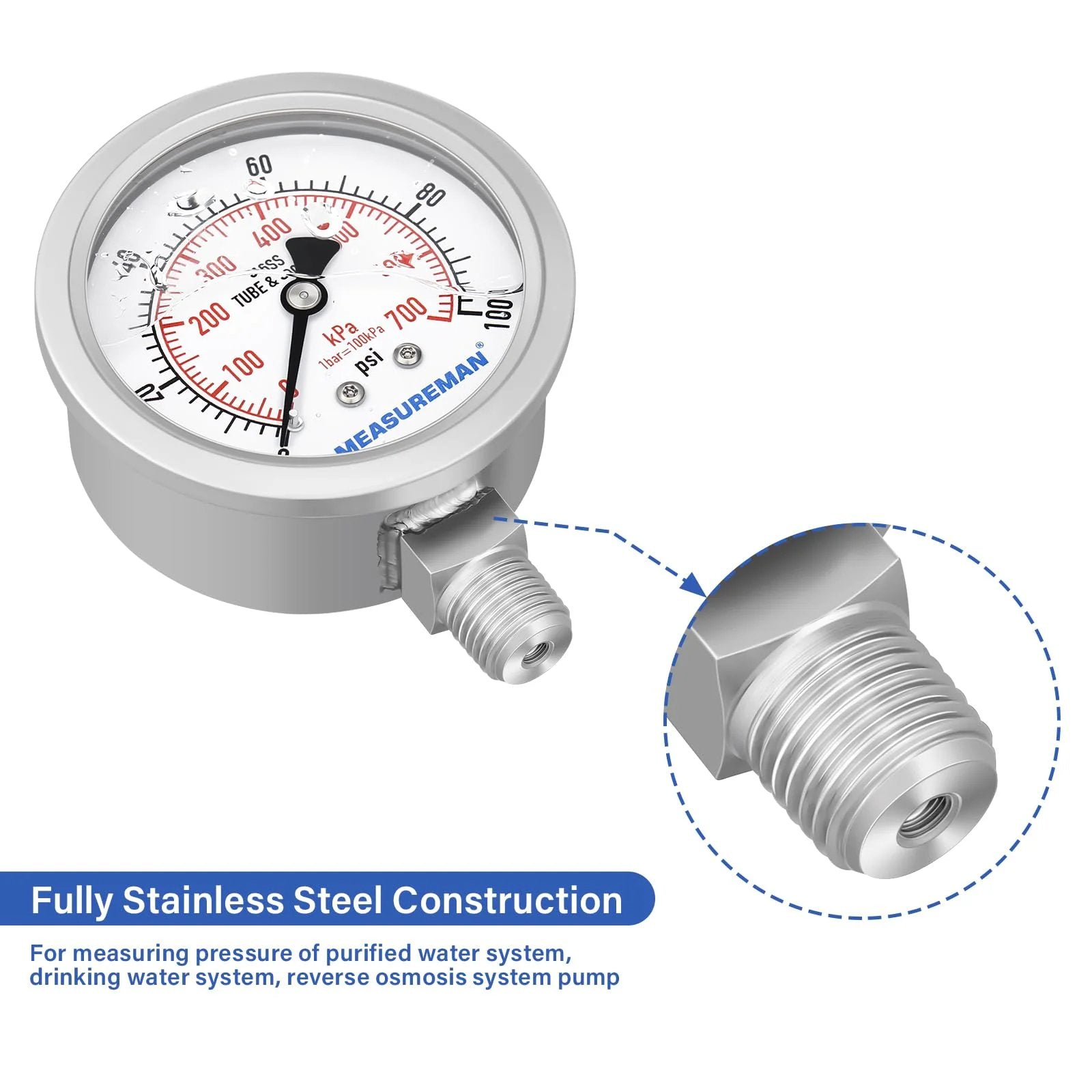 Stainless Steel Hydraulic Pressure Gauge 0 To 100 Psi Quarter Inch NPT Glycerin Filled 2.5 Inch Dial Lower Mount 316 Stainless Steel Body